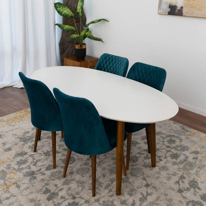 Dining Set Rixos White Table with 4 Evette Teal Chairs | Mid in Mod | Houston TX | Best Furniture stores in Houston
