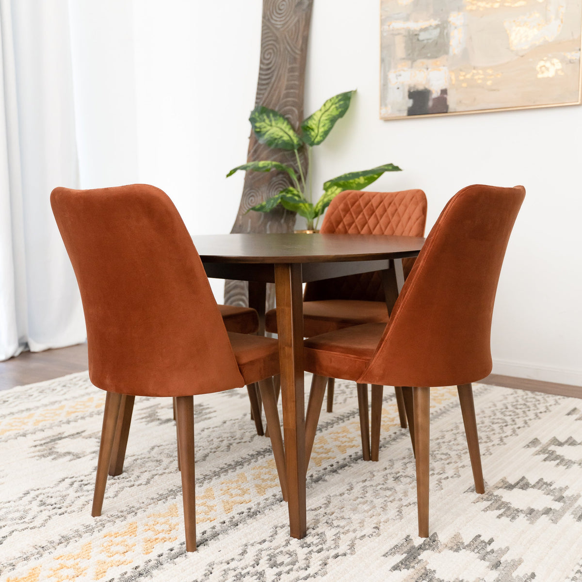Palmer Dining set with 4 Evette Orange Dining Chairs (Walnut) | Mid in Mod | Houston TX | Best Furniture stores in Houston