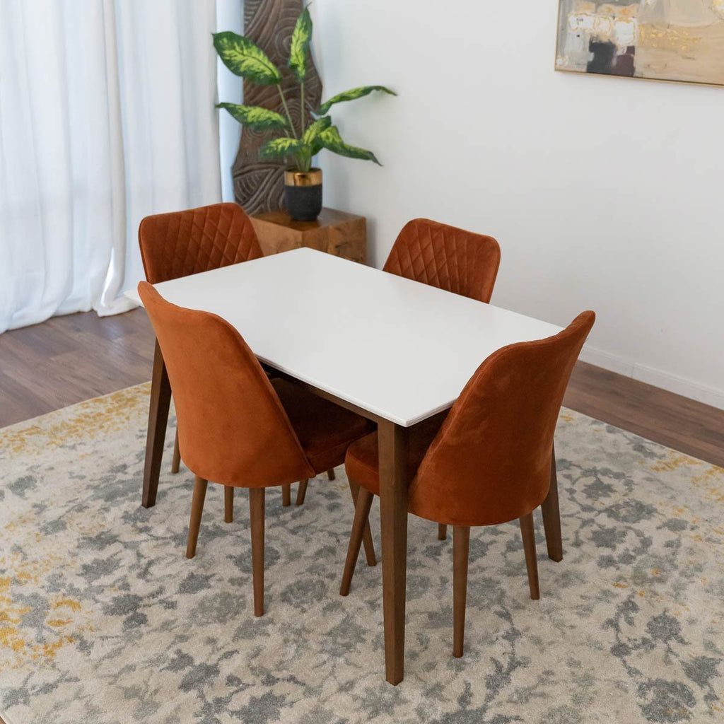 Alpine (Small-White Top) Dining Set with 4 Evette Orange Dining Chairs | Mid in Mod | Houston TX | Best Furniture stores in Houston