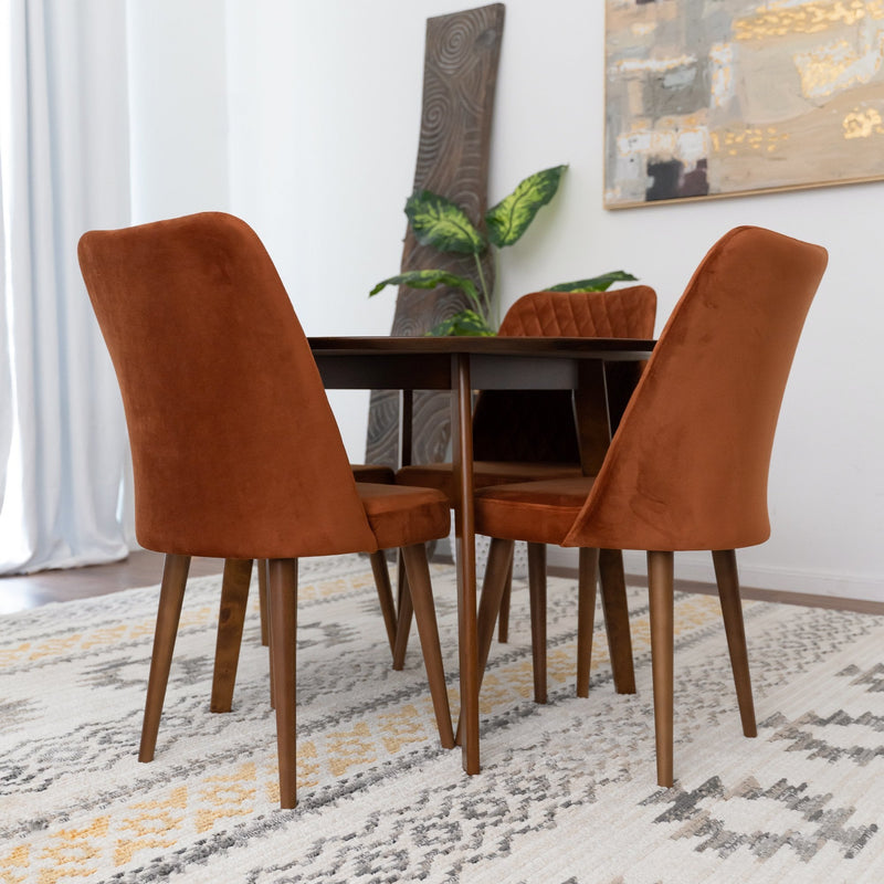 Aliana Dining Set with 4 Evette Orange Chairs (Walnut) | Mid in Mod | Houston TX | Best Furniture stores in Houston