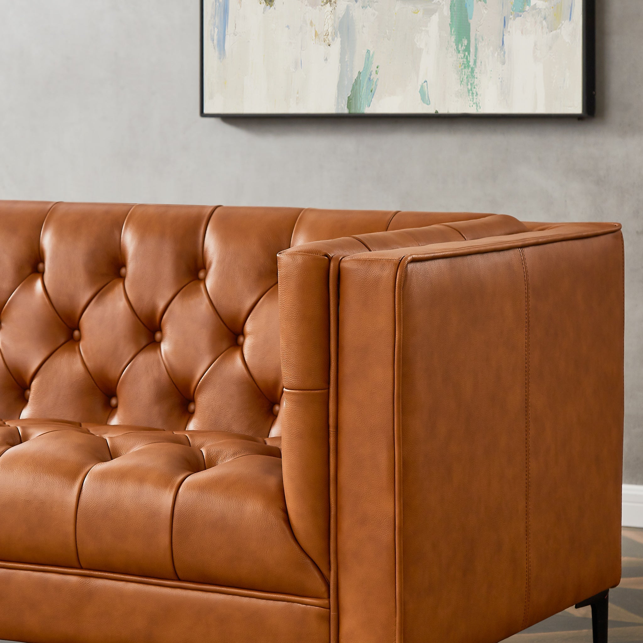 Modern cognac tan store leather tufted sofa