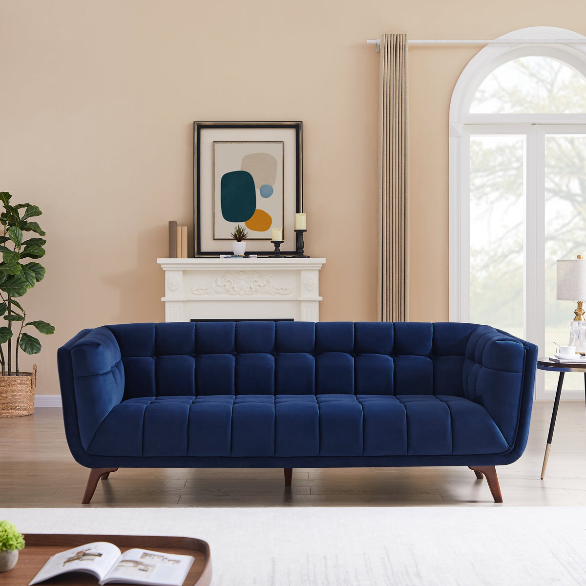 Kano Large Navy Blue Velvet Sofa, Mid in Mod