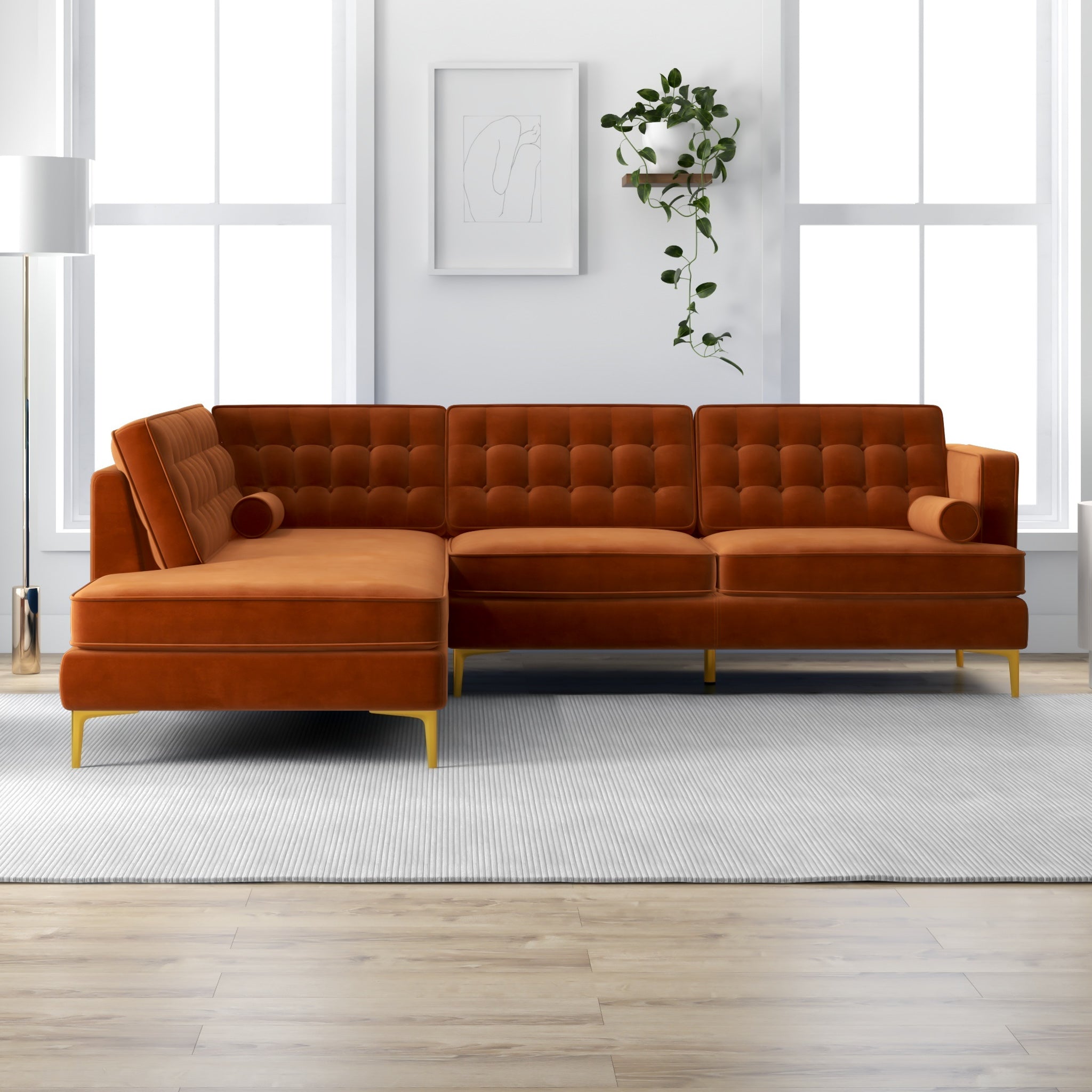 Caleb Sectional Sofa Burnt Orange Velvet Left Chaise Mid in Mod Houston TX