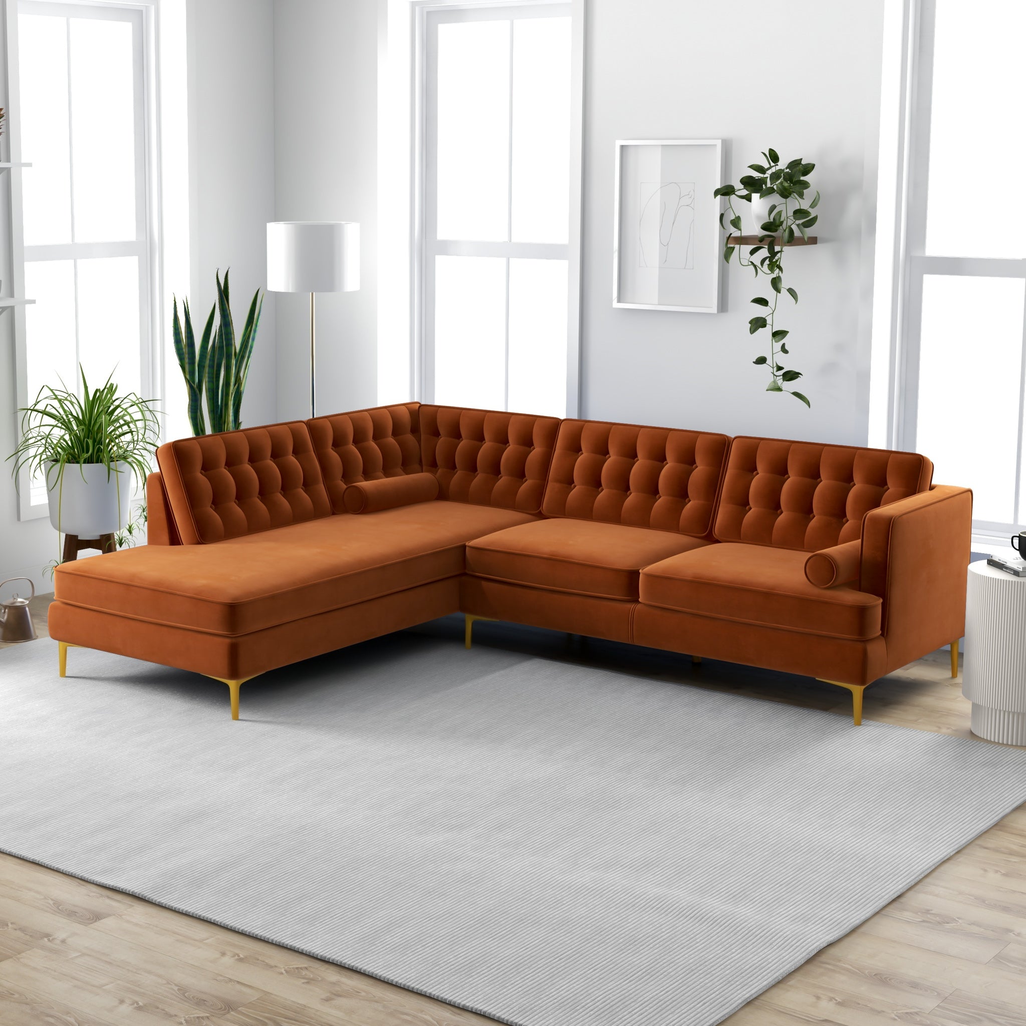 Caleb Burnt Orange Velvet Sectional Sofa Left Facing Chaise - MidinMod