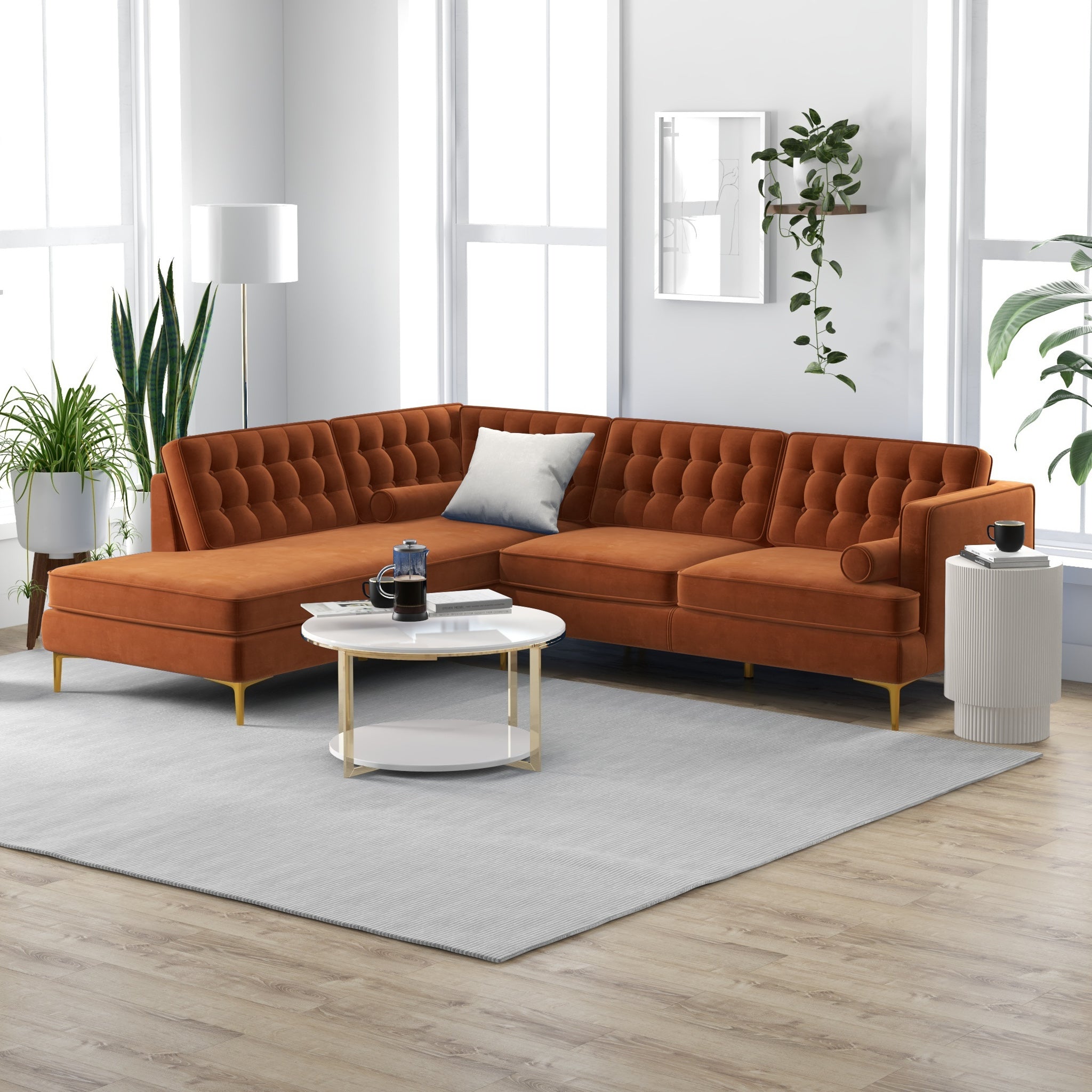Caleb Burnt Orange Velvet Sectional Sofa Left Facing Chaise - MidinMod