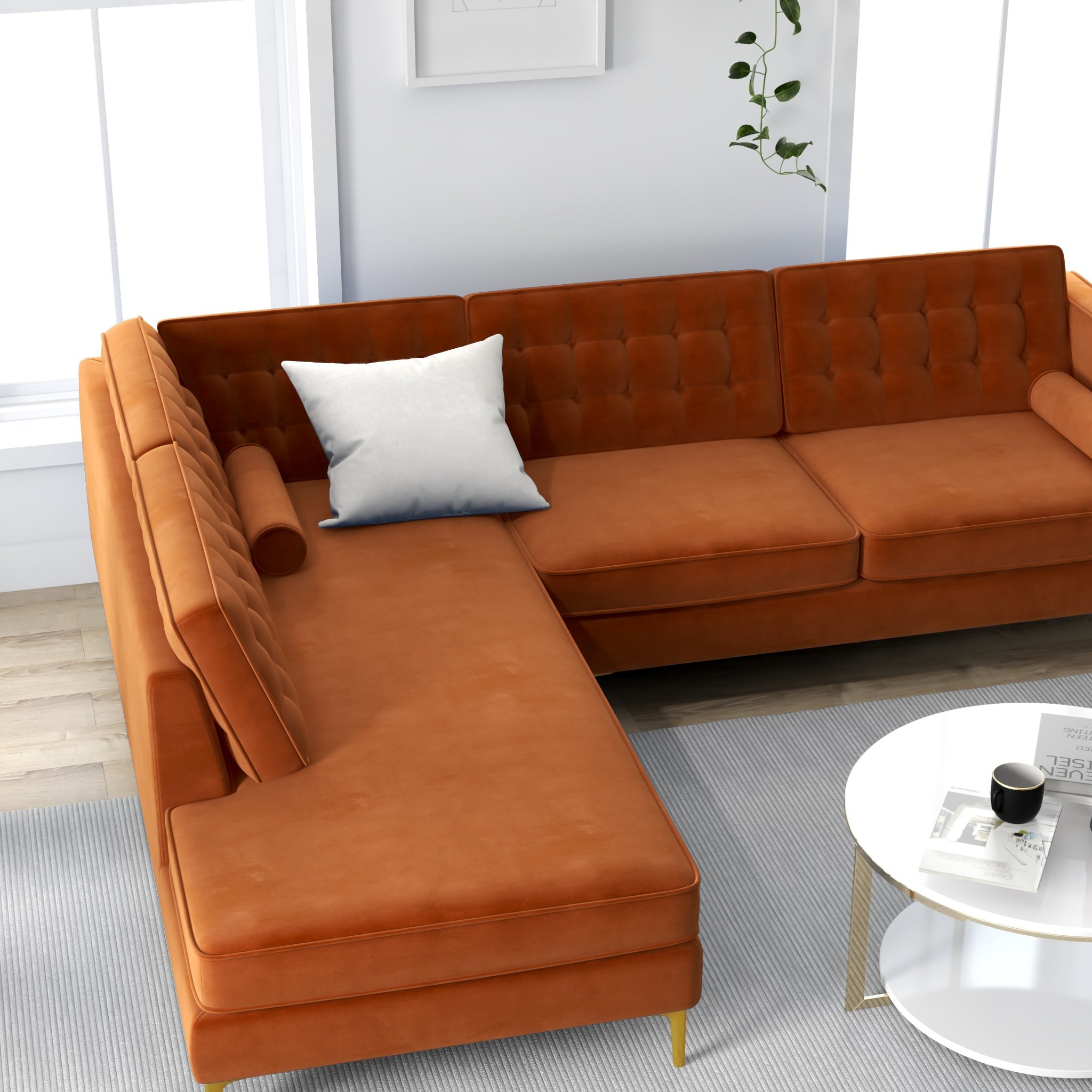 Caleb Burnt Orange Velvet Sectional Sofa Left Facing Chaise - MidinMod