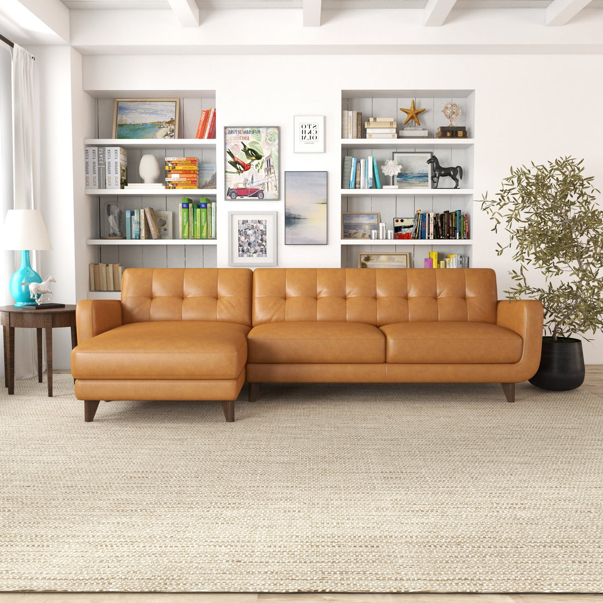 Cassie Sectional Sofa - Tan Leather Left Facing | MidinMod | TX | Best Furniture stores in Houston