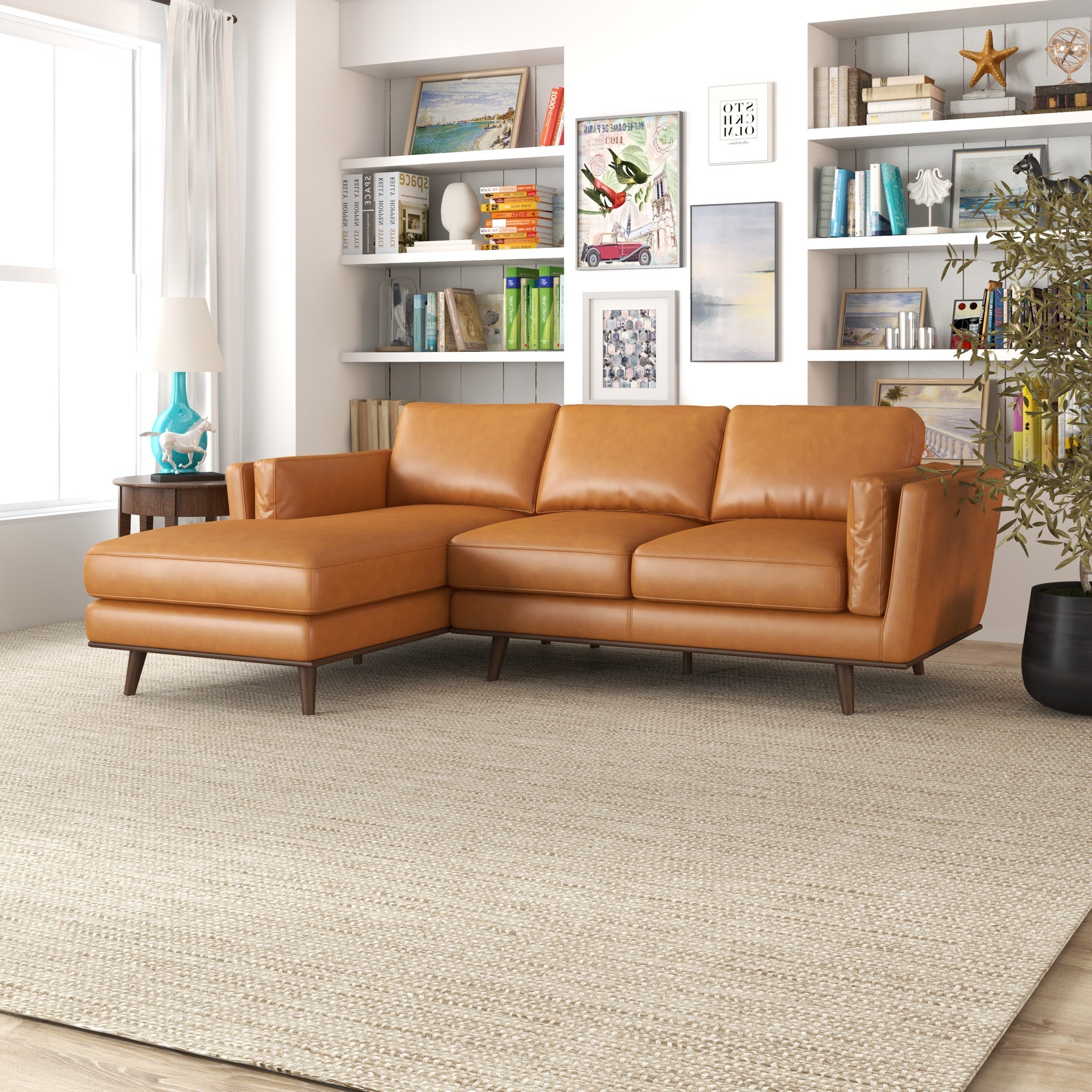 Tan leather deals couch with chaise