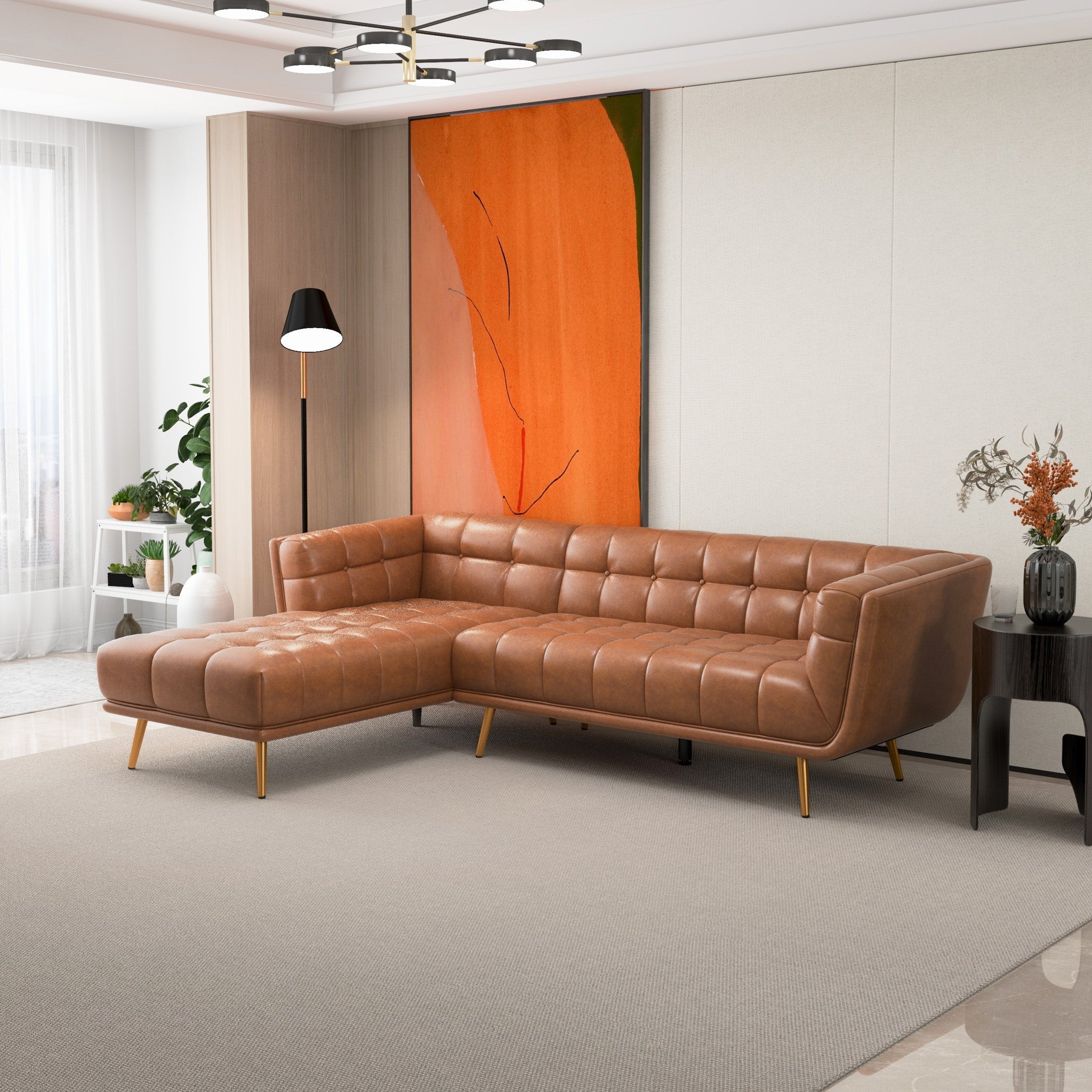 Kano L Shape Cognac Leather Sectional Sofa Left Facing Chaise - MidinMod