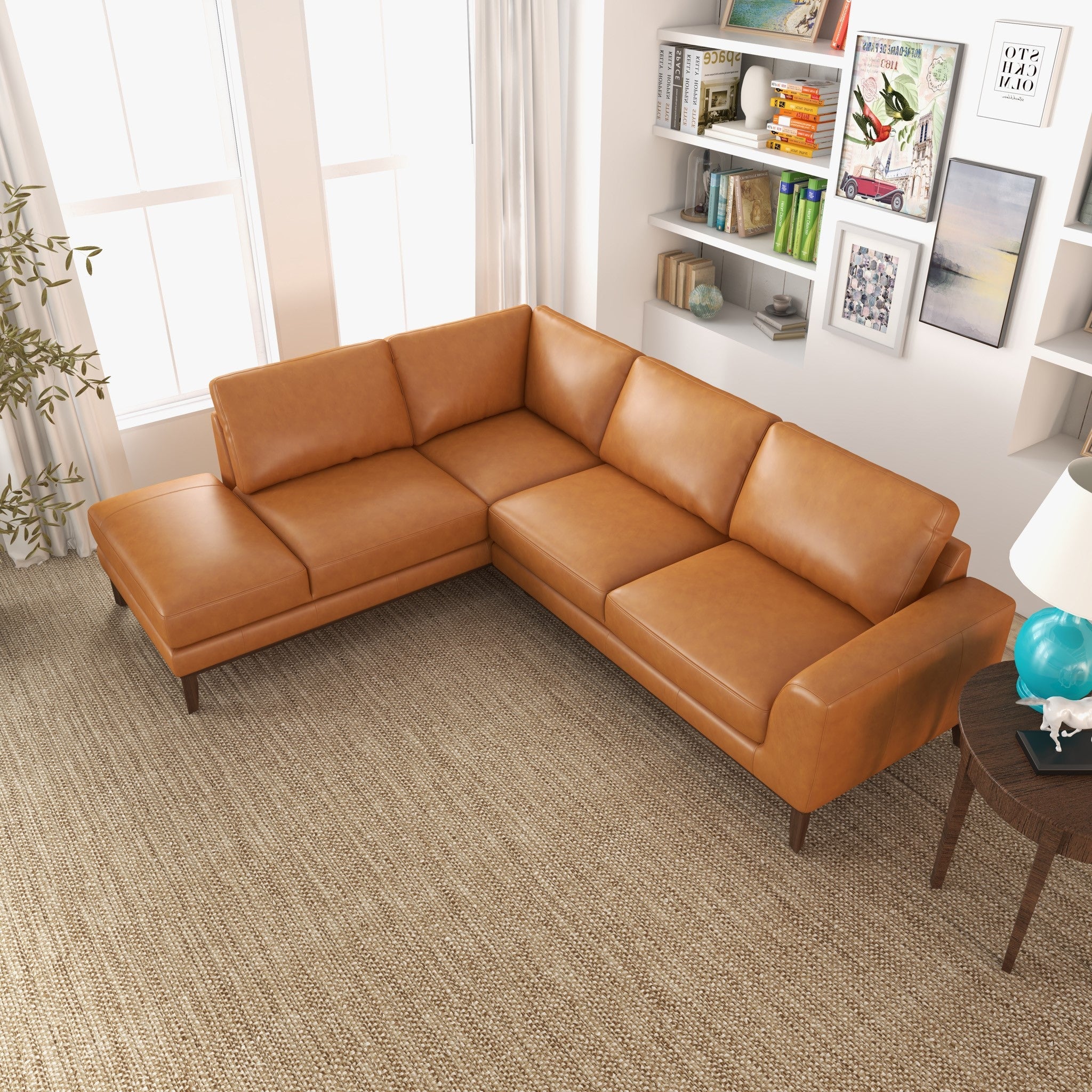 Mayfair Tan Leather Sectional Left Facing Chaise - MidinMod