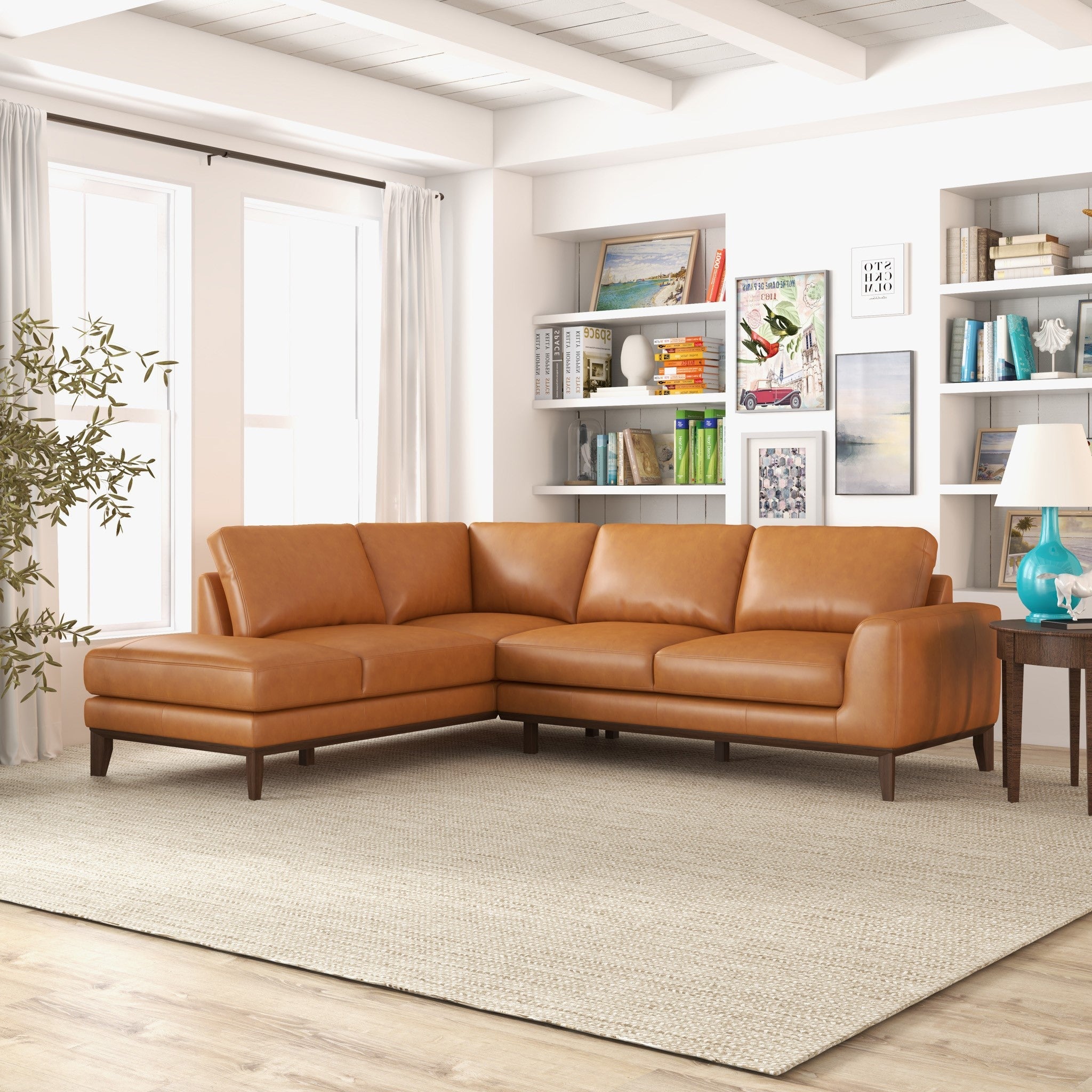 Mayfair Tan Leather Sectional Left Facing Chaise - MidinMod