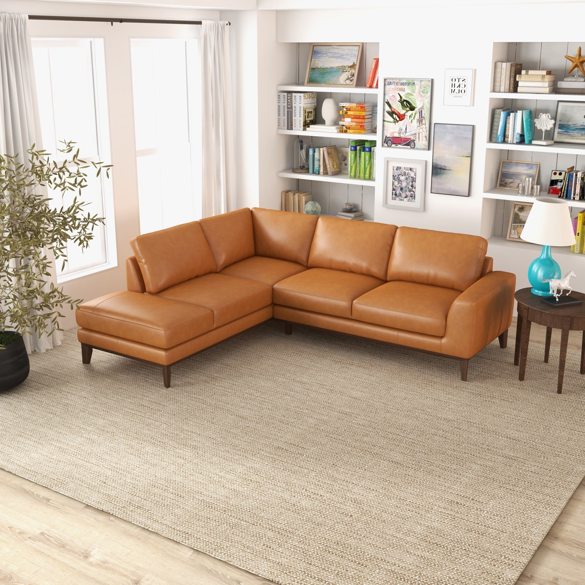 Mayfair Tan Leather Sectional Left Facing Chaise - MidinMod