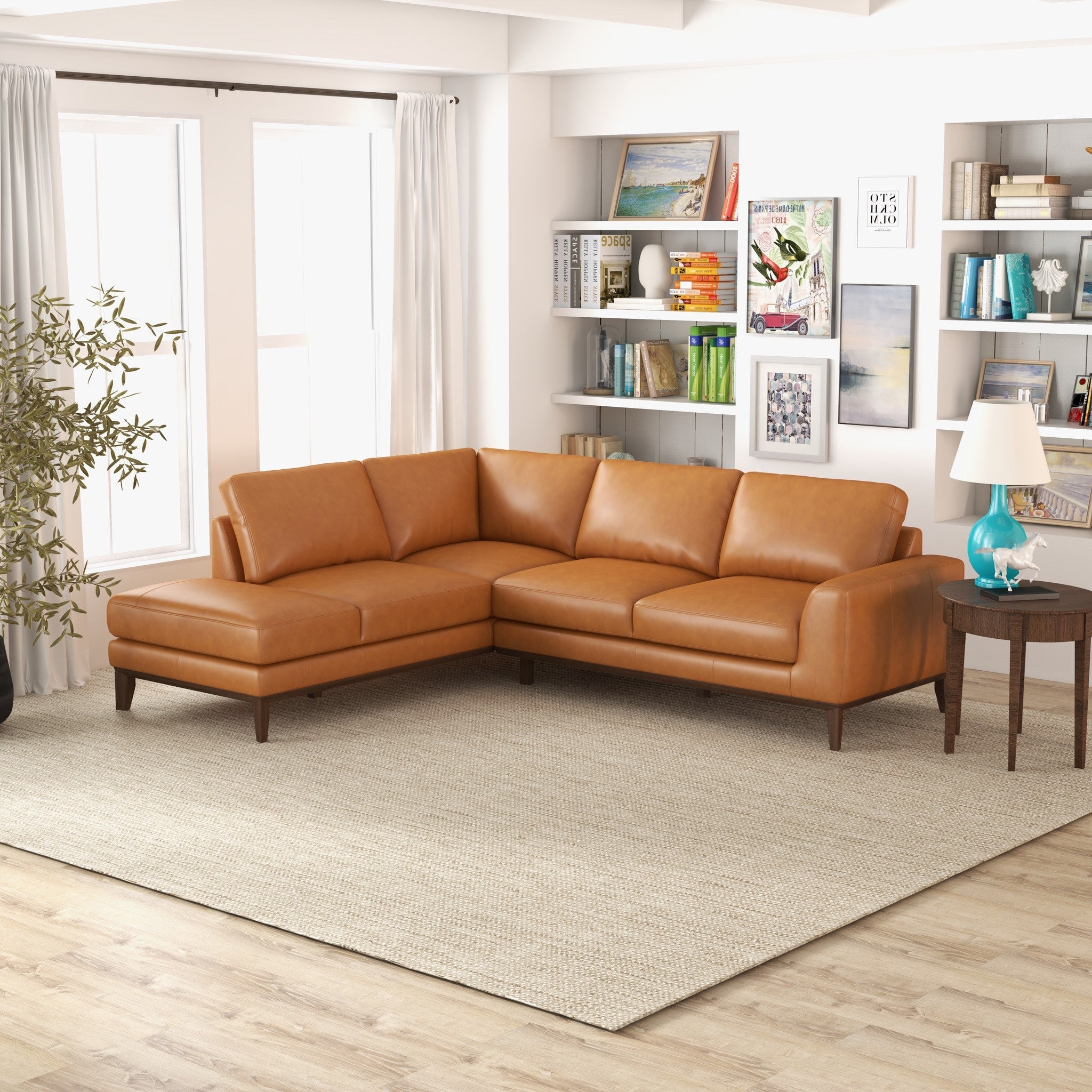 Mayfair Tan Leather Sectional Left Facing Chaise - MidinMod