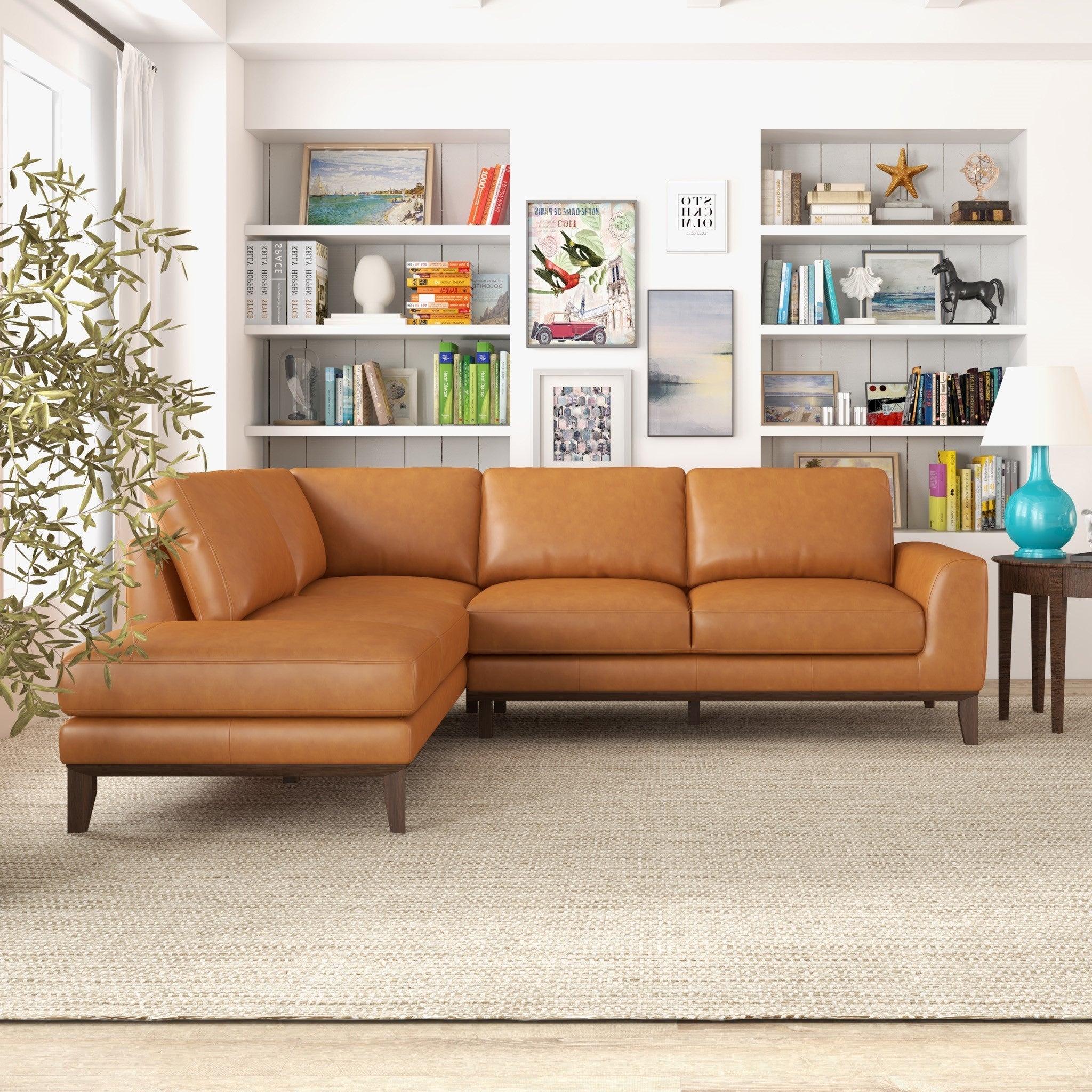 Mayfair Tan Leather Sectional Left Facing Chaise - MidinMod