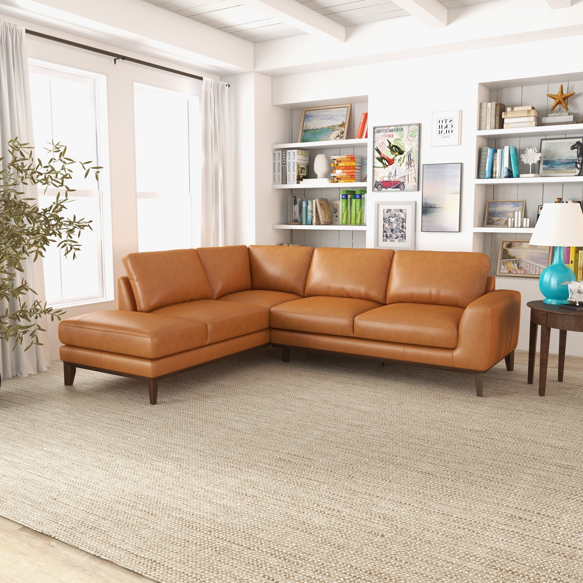 Mayfair Tan Leather Sectional Left Facing Chaise - MidinMod