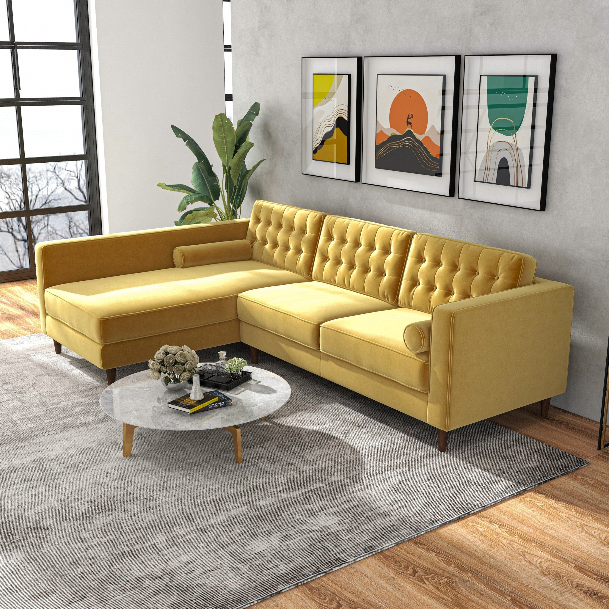 Olson Sectional Sofa Gold Velvet Left Chaise - MidinMod