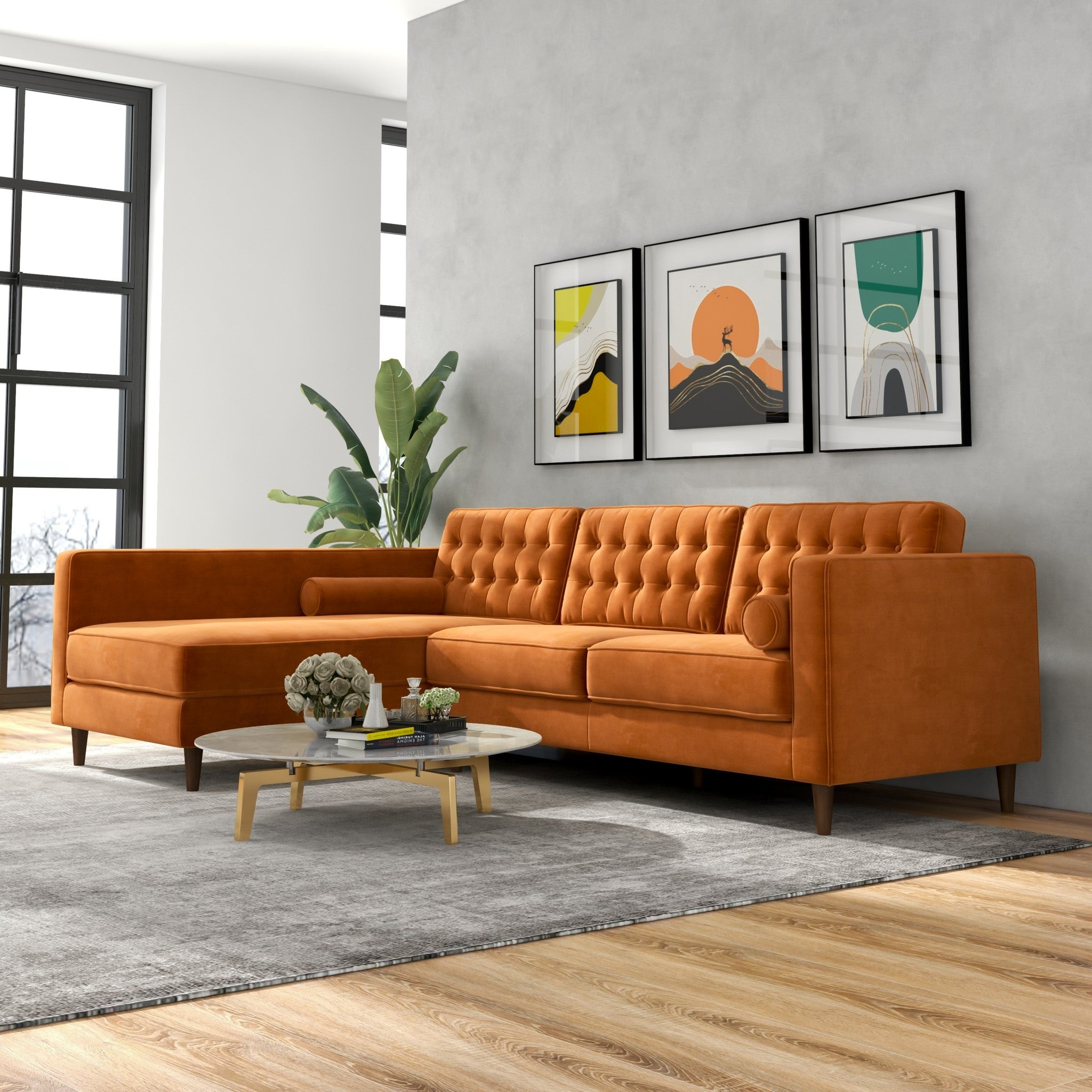 Olson Sectional Sofa Burnt Orange Velvet Left Chaise - MidinMod