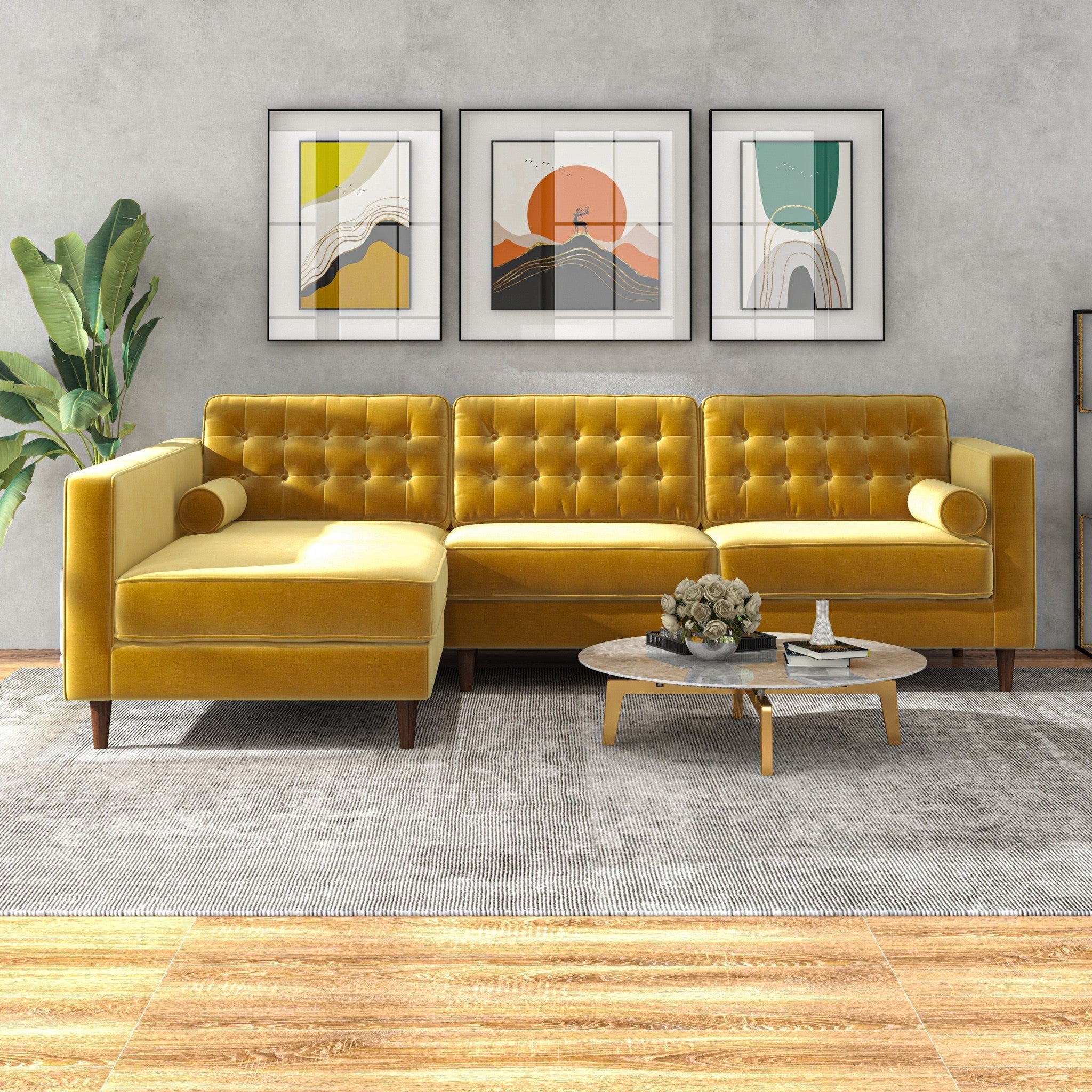 Olson Sectional Sofa Gold Velvet Left Chaise - MidinMod