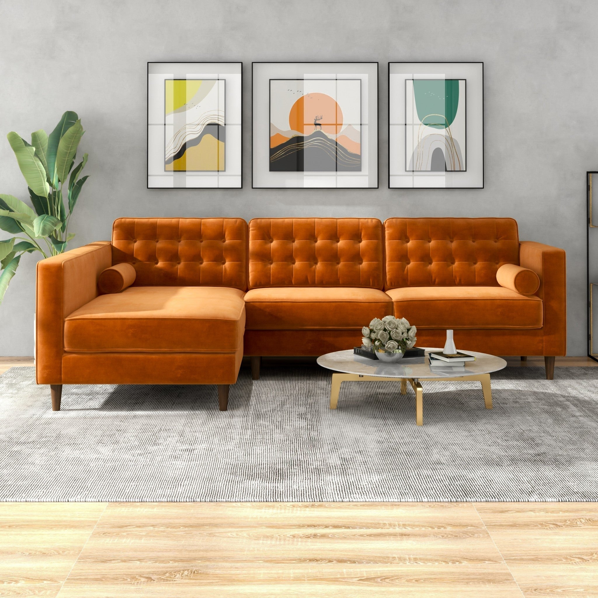 Olson Sectional Sofa Burnt Orange Velvet Left Chaise - MidinMod