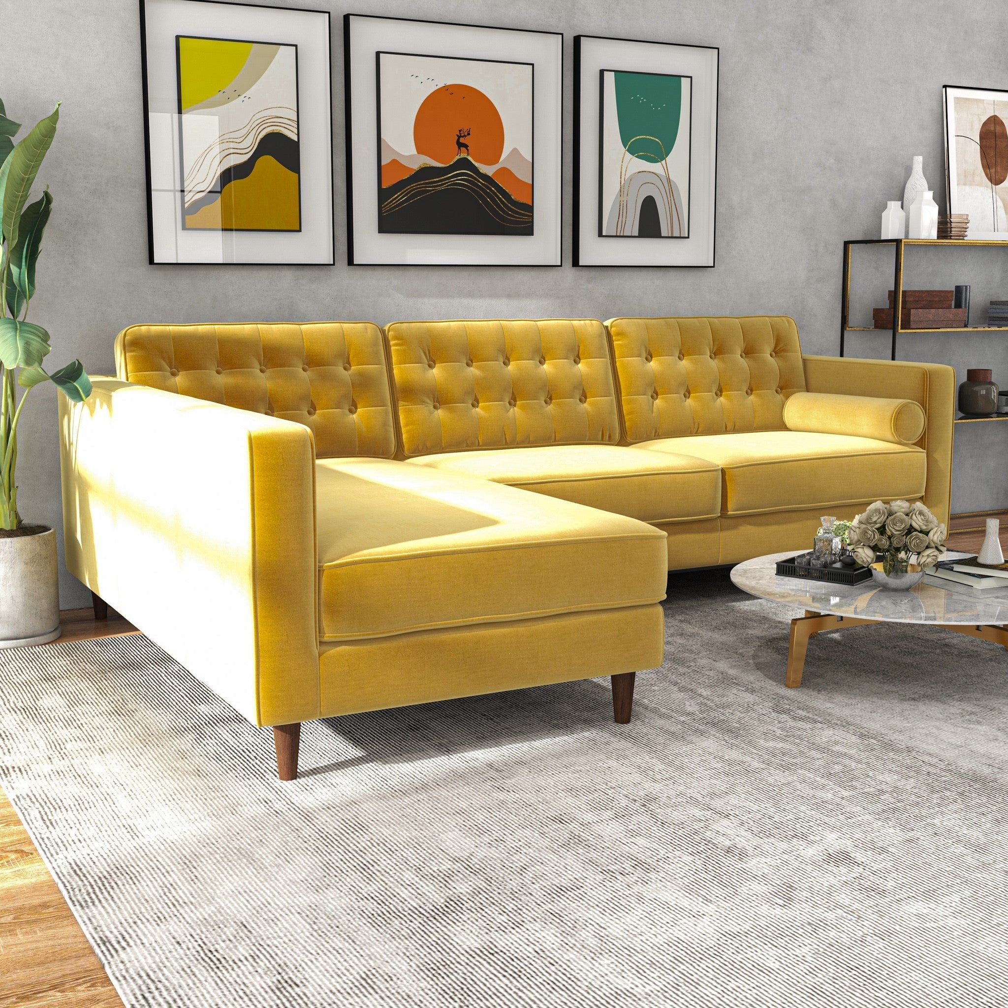 Olson Sectional Sofa Gold Velvet Left Chaise - MidinMod