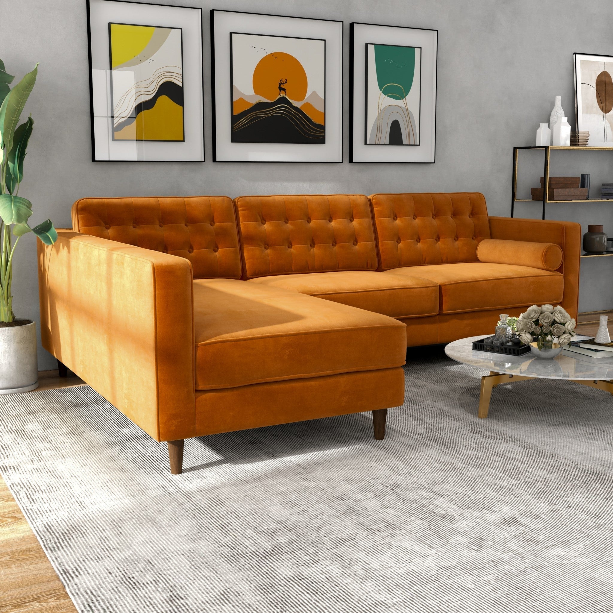Olson Sectional Sofa Burnt Orange Velvet Left Chaise - MidinMod