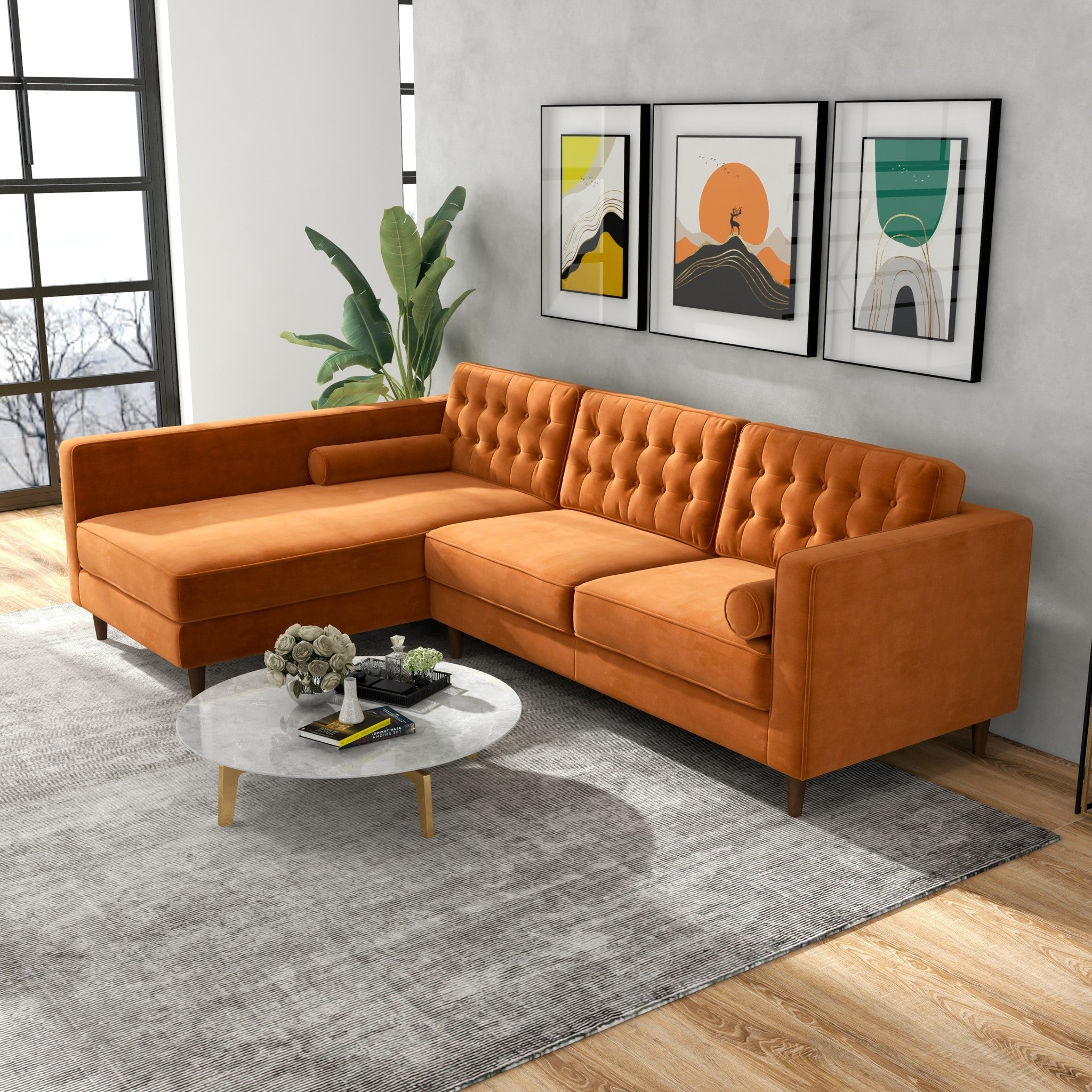 Olson Sectional Sofa Burnt Orange Velvet Left Chaise - MidinMod