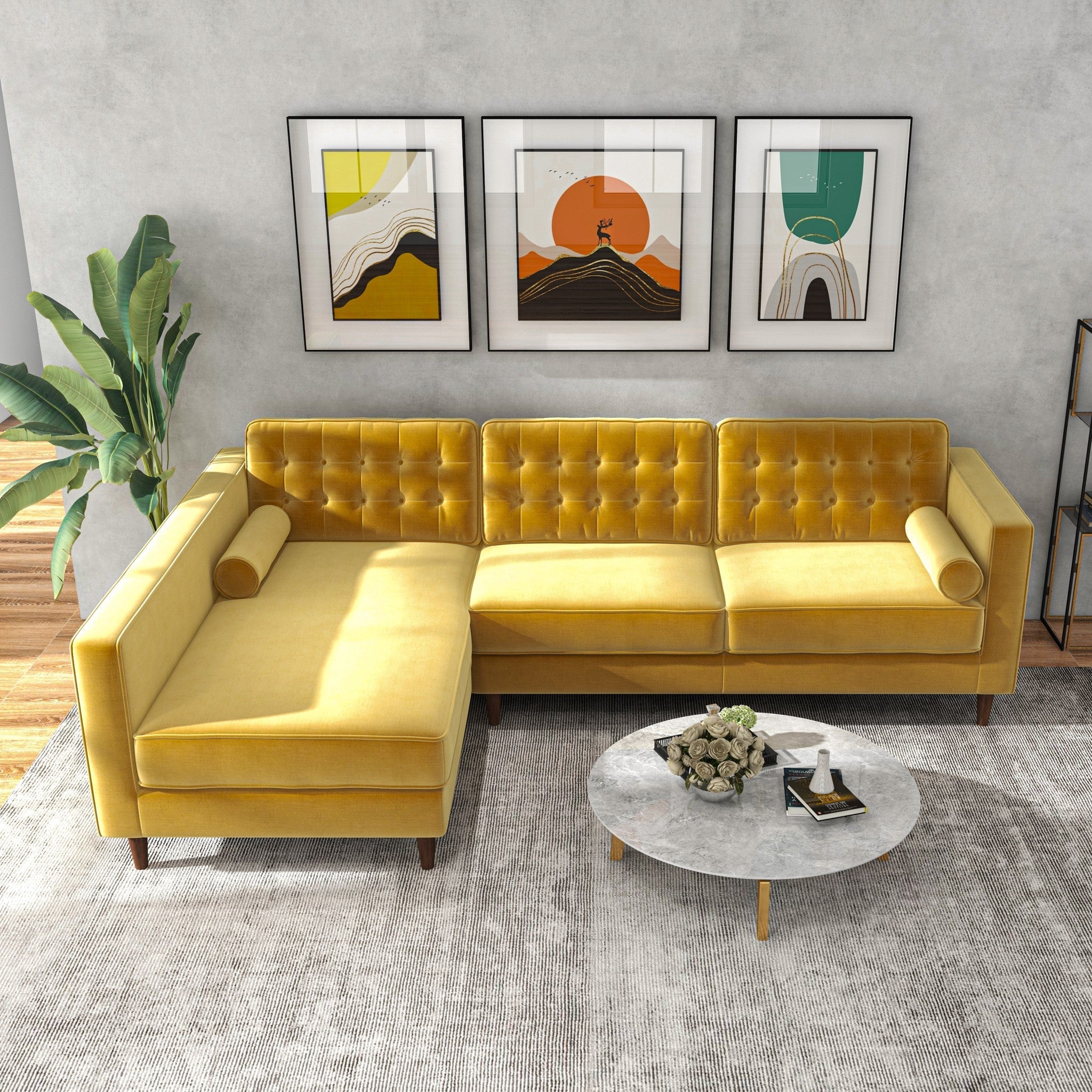 Olson Sectional Sofa Gold Velvet Left Chaise - MidinMod