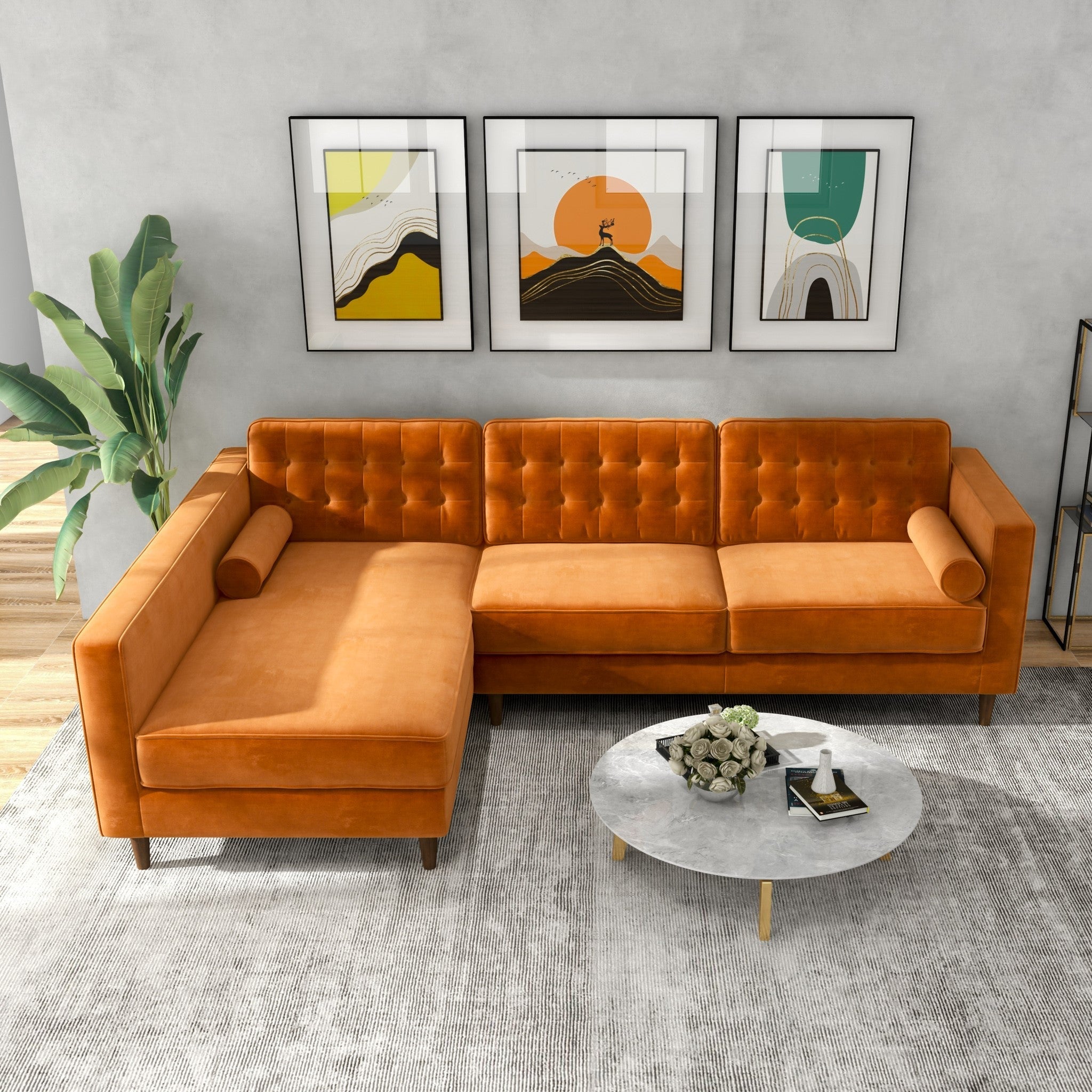 Olson Sectional Sofa Burnt Orange Velvet Left Chaise - MidinMod