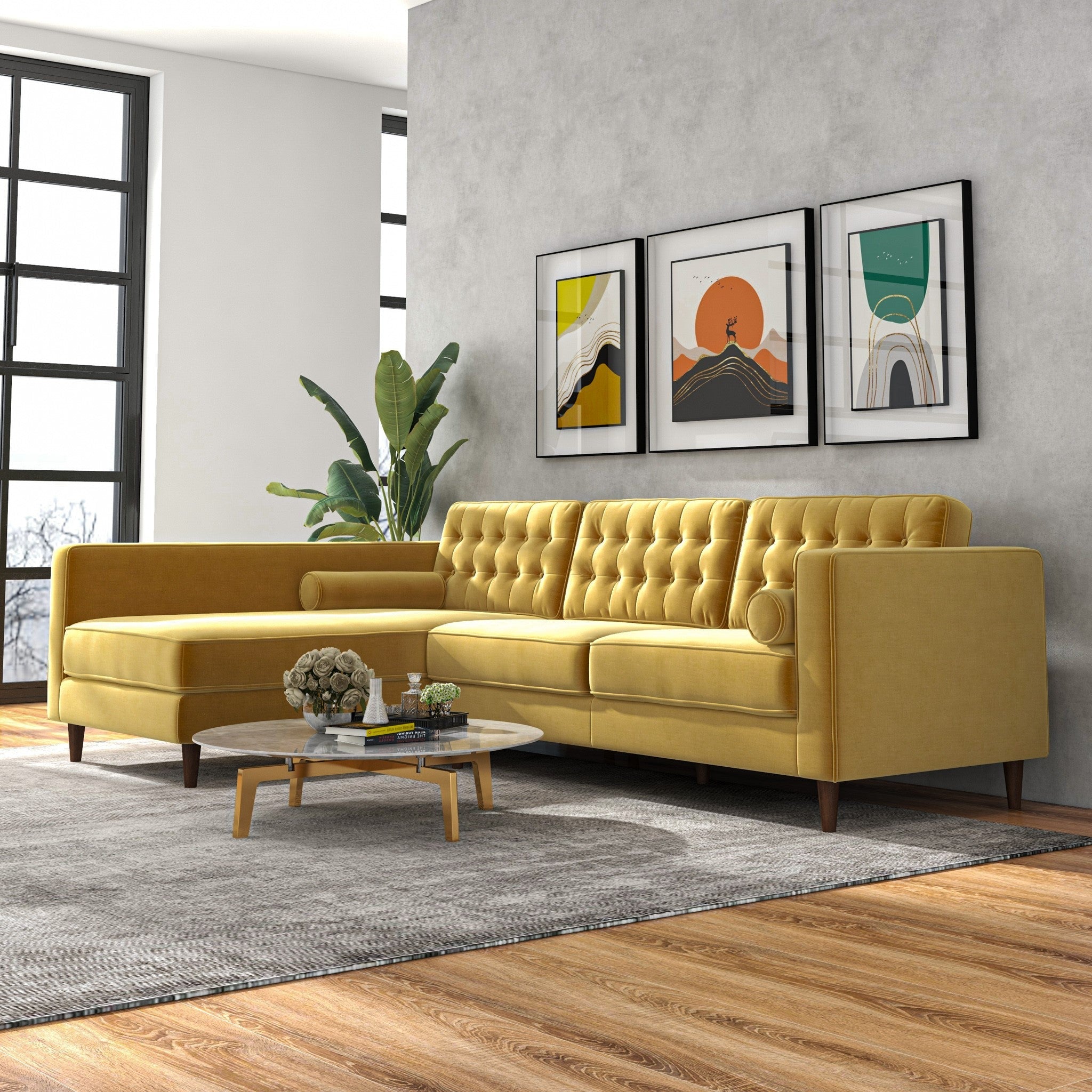 Olson Sectional Sofa Gold Velvet Left Chaise - MidinMod