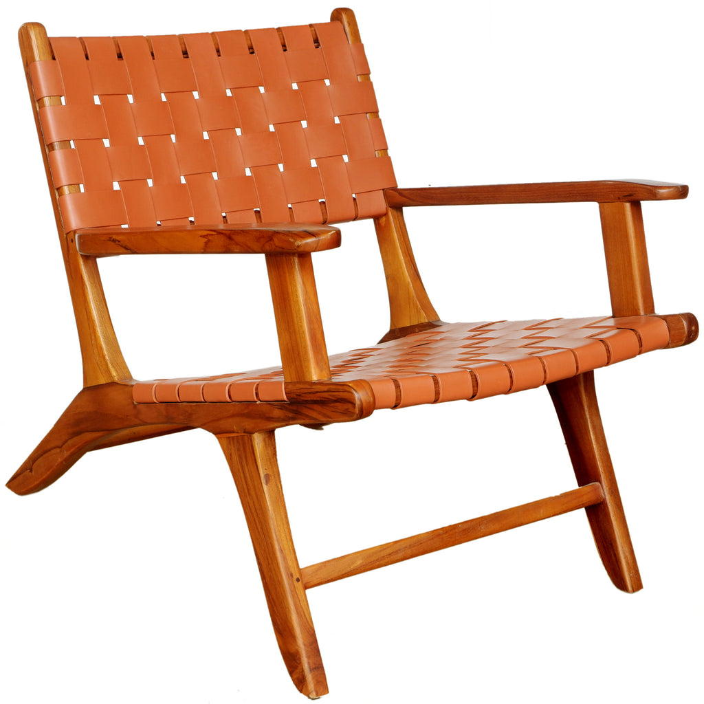 Lento Tan Strap Leather Teak Wood Lounge Chair | Mid in Mod | Houston TX | Best Furniture stores in Houston