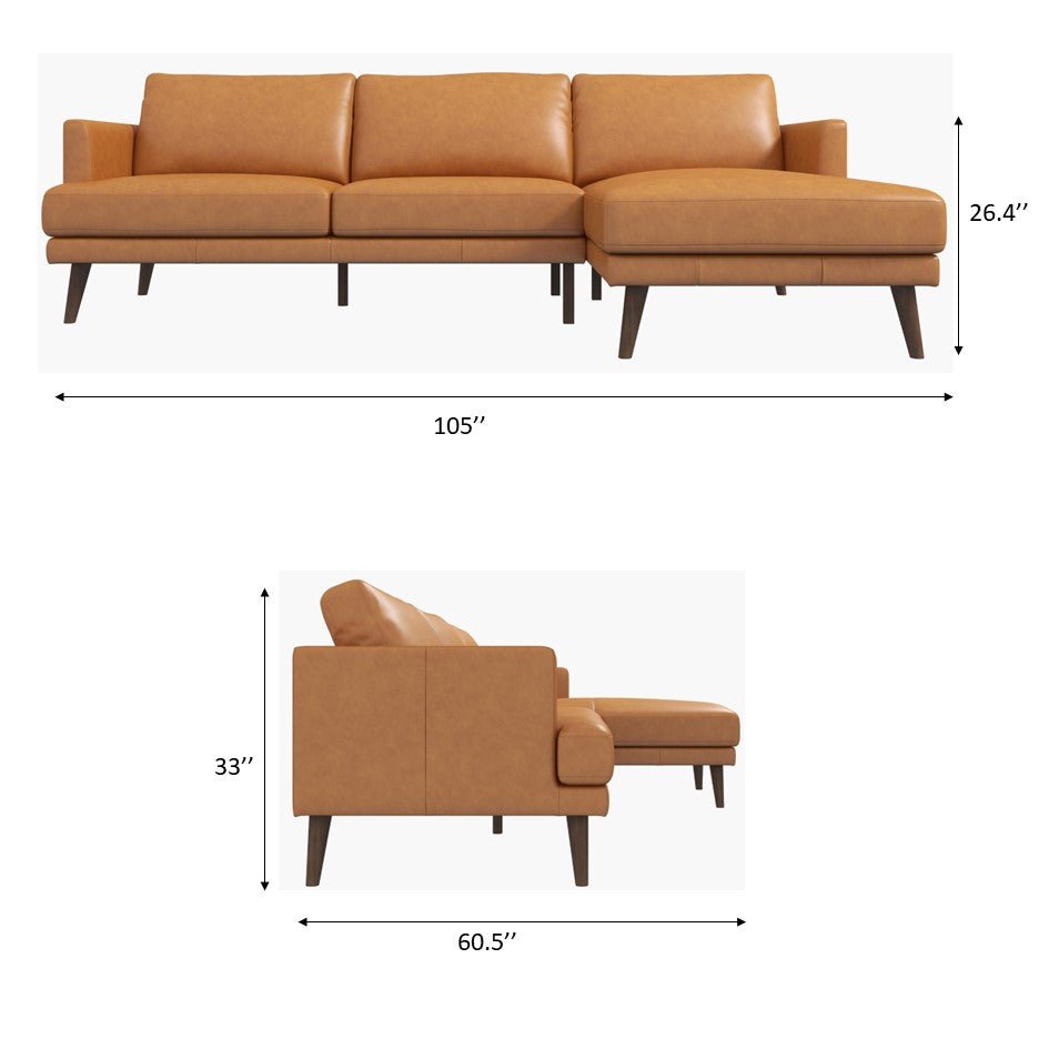 Lorena Tan Leather Sectional Sofa Right Facing Chaise - MidinMod