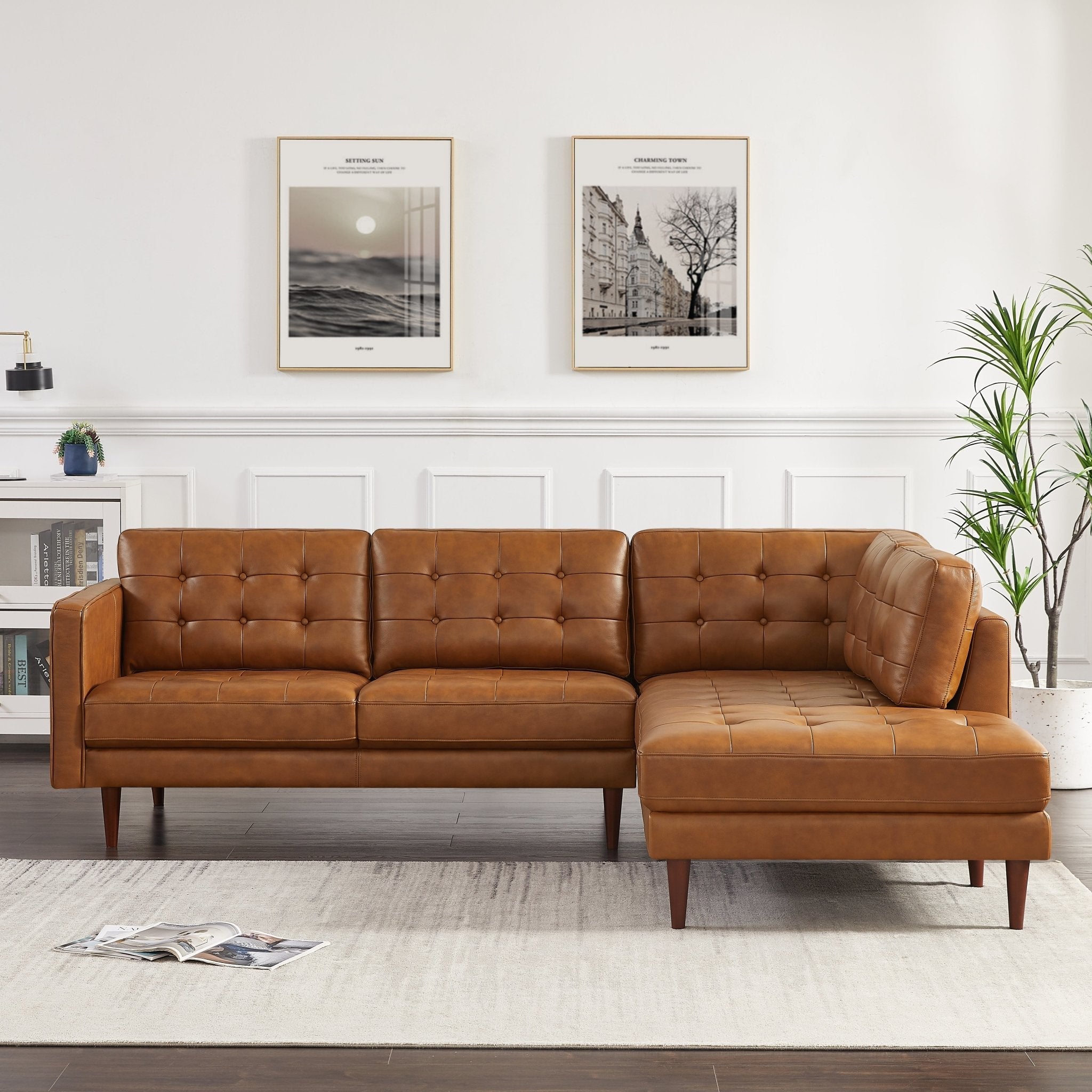 Lugano L-Shaped Genuine Leather Right-Facing Sectional Sofa Cognac - MidinMod