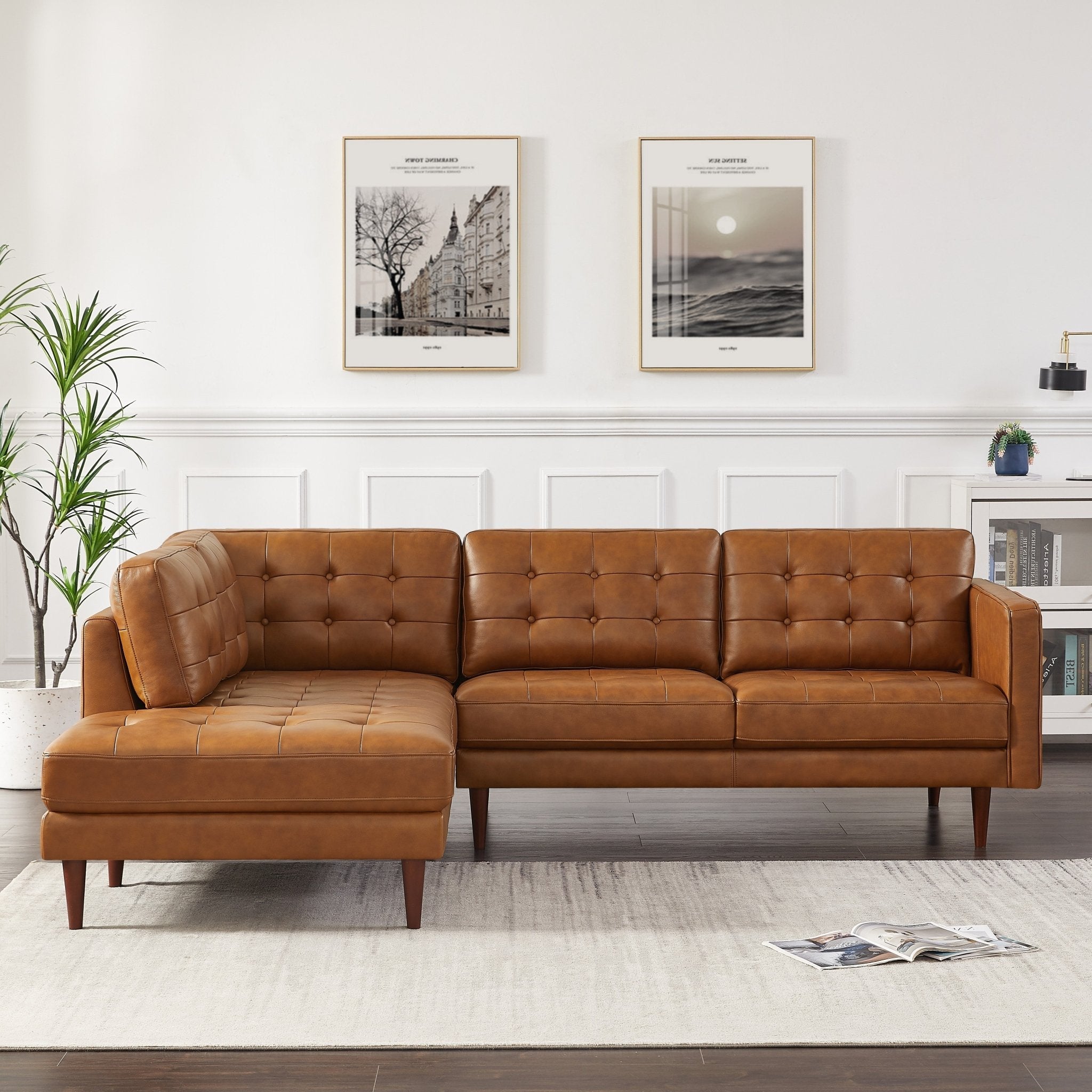 Lugano L-Shaped Genuine Leather Left-Facing Sectional Sofa Cognac - MidinMod