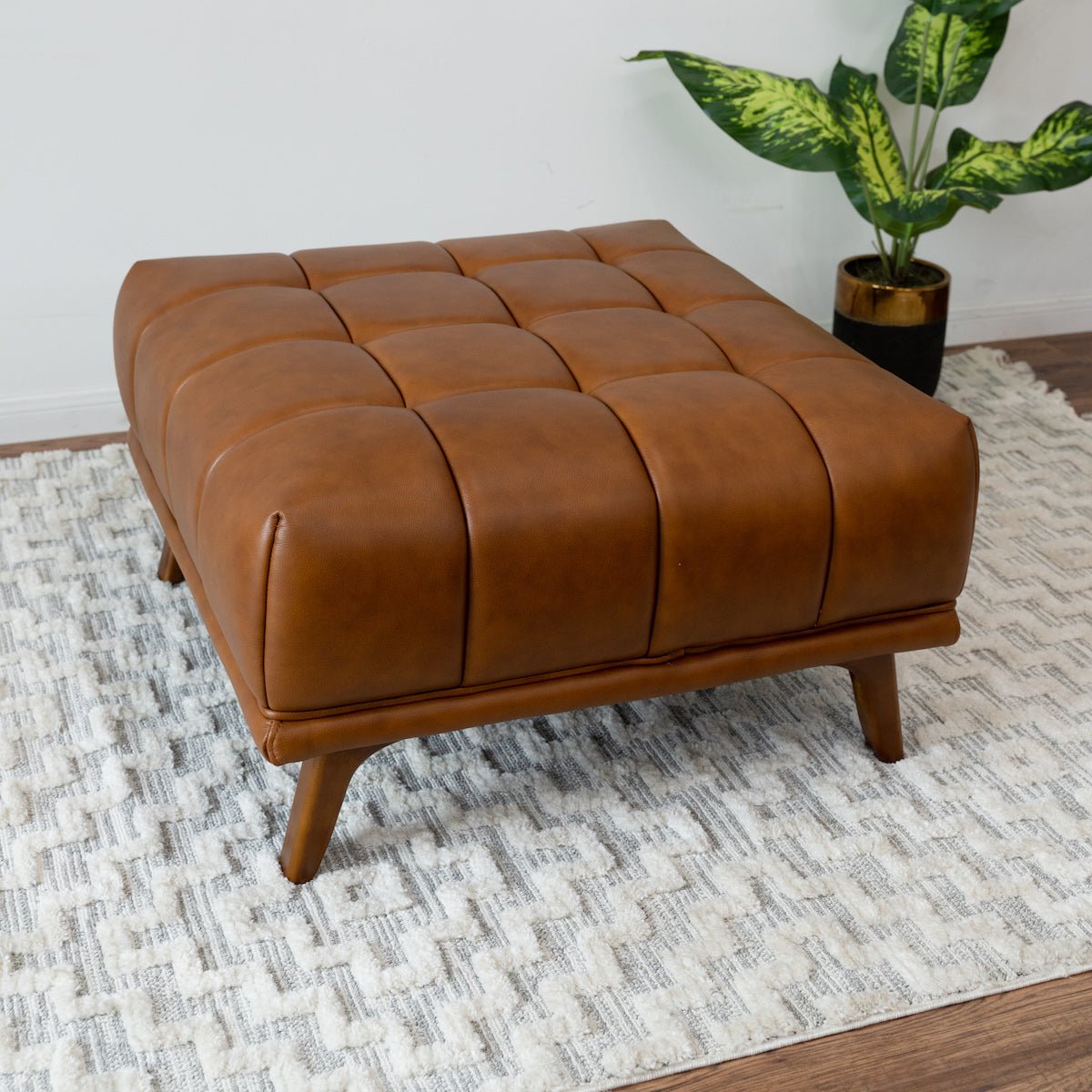 Kano Cognac Leather Chesterfield Ottoman | Mid-Century Ottoman