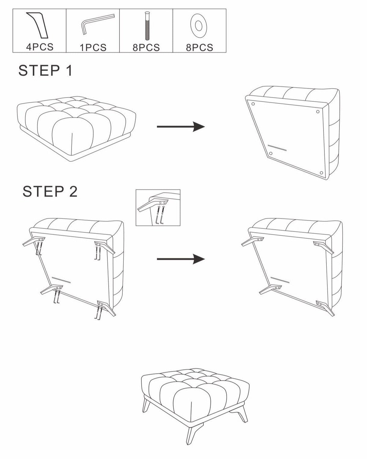 Line-drawing assembly guide: 4 legs, 1 hex key, 8 bolts, 8 washers; flip ottoman, attach legs, then set upright.