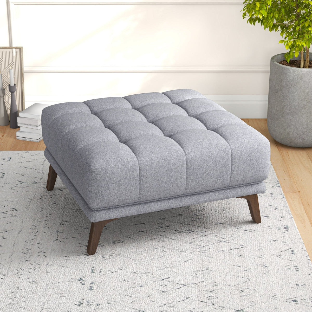 Kano Light Gray Fabric Ottoman with Walnut Wood Legs | MidinMod