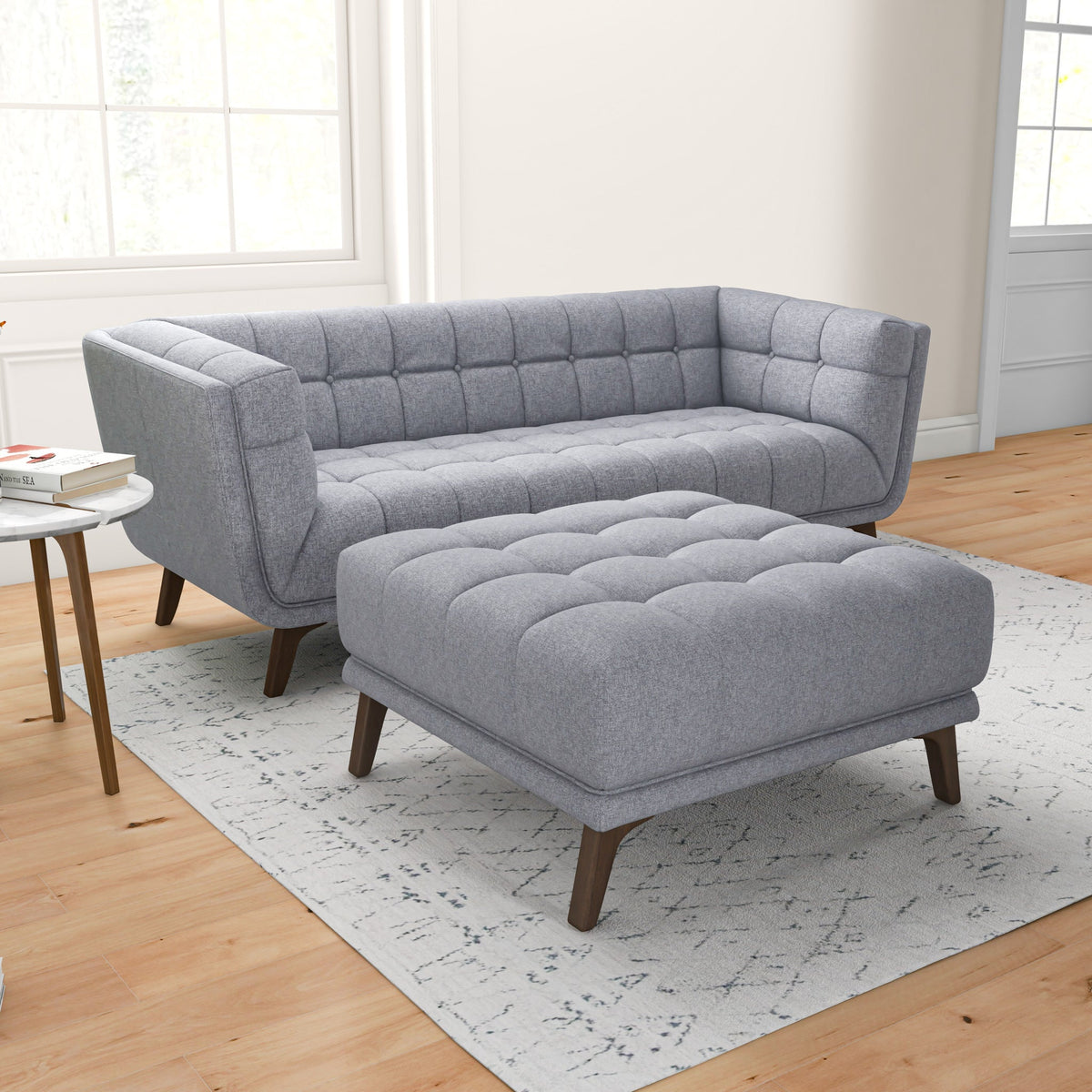 Kano Light Gray Fabric Ottoman with Walnut Wood Legs | MidinMod