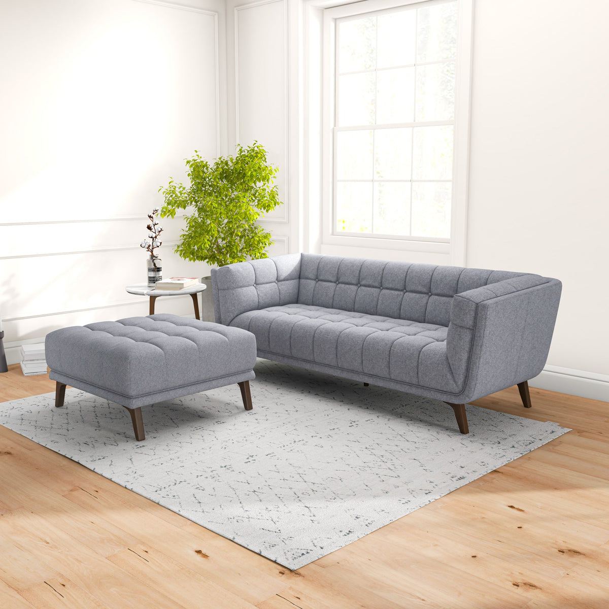 Kano Light Gray Fabric Ottoman with Walnut Wood Legs | MidinMod