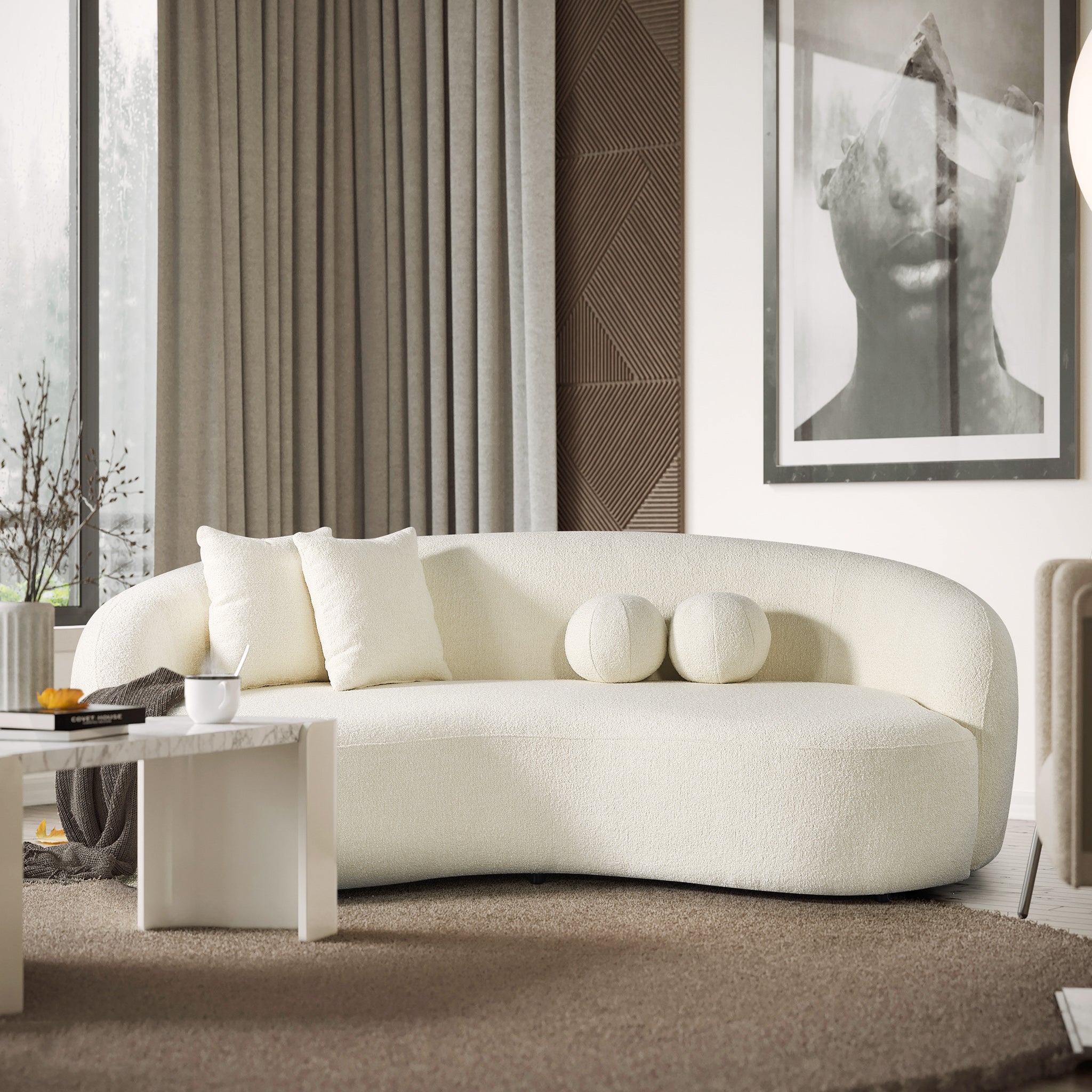 Blair Japandi White Curvy Boucle Sofa - MidinMod