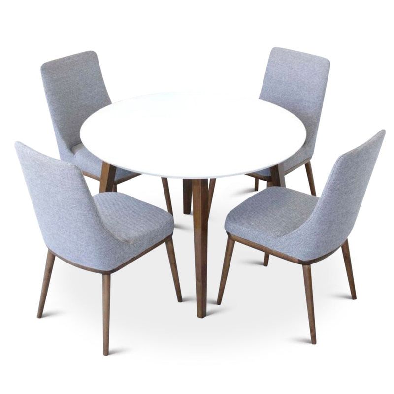 Palmer (White) Dining Set with 4 Brighton (Gray Fabric) Dining Chairs | Mid in Mod | Houston TX | Best Furniture stores in Houston