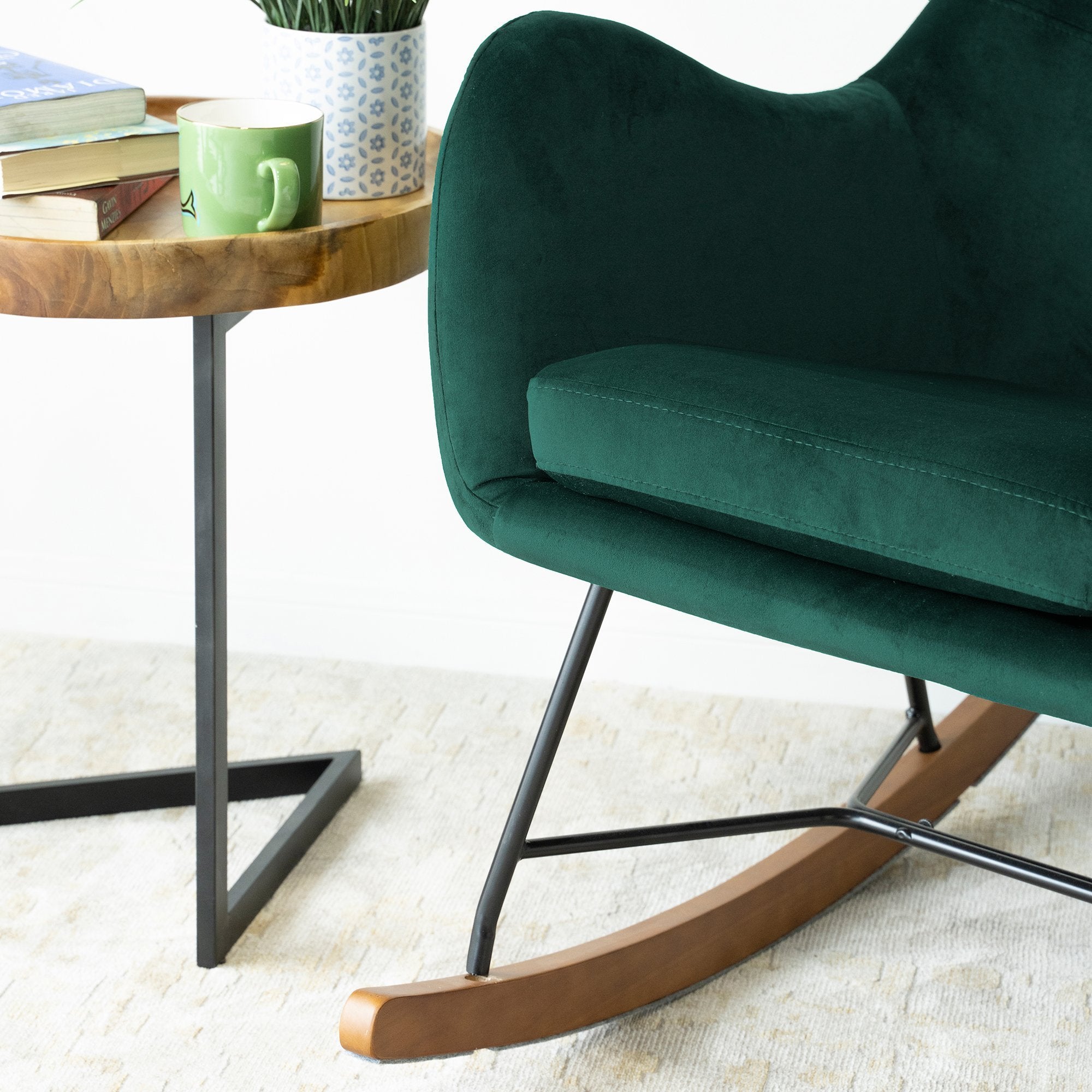 Rumi Green Velvet Fabric Rocking Chair - MidinMod