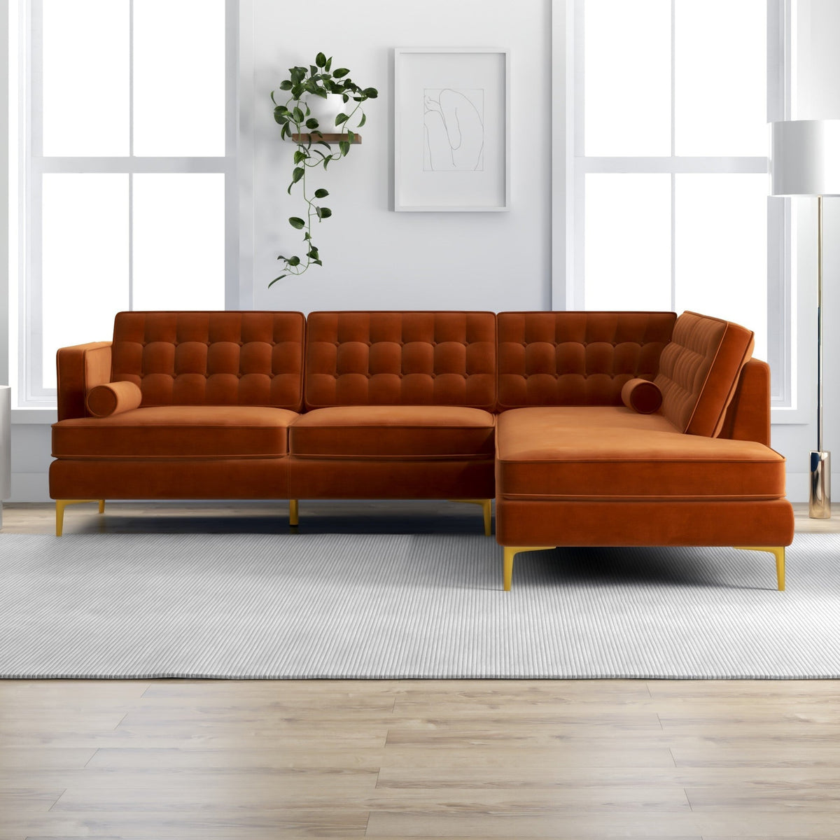 Caleb Sectional Sofa (Burnt Orange Velvet) Right Chaise - MidinMod Houston Tx Mid Century Furniture Store - Sofas 5