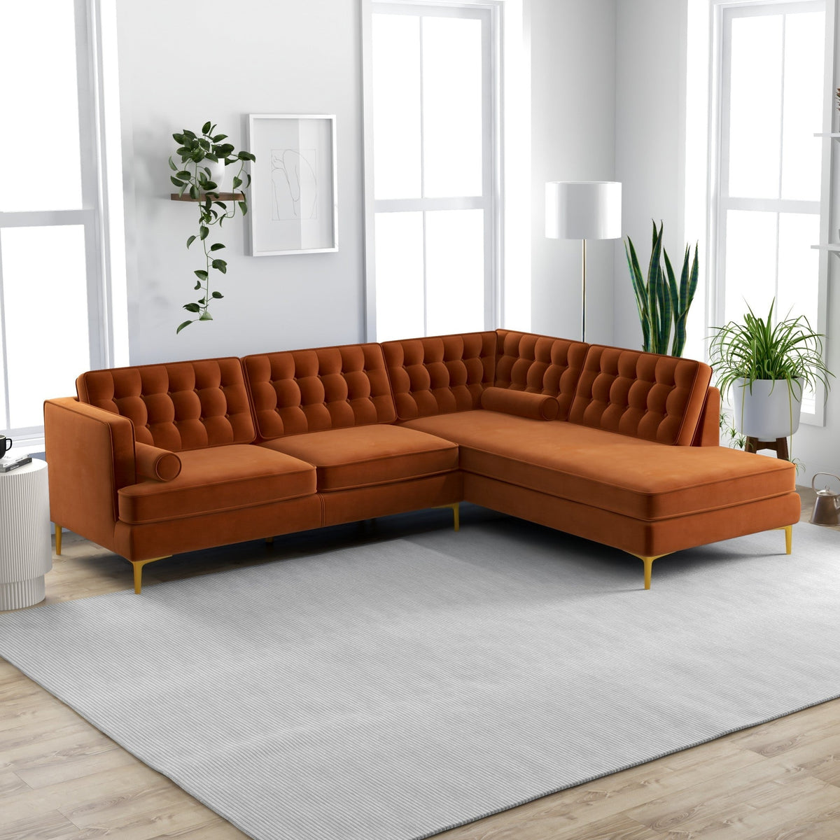Caleb Sectional Sofa (Burnt Orange Velvet) Right Chaise - MidinMod Houston Tx Mid Century Furniture Store - Sofas 6