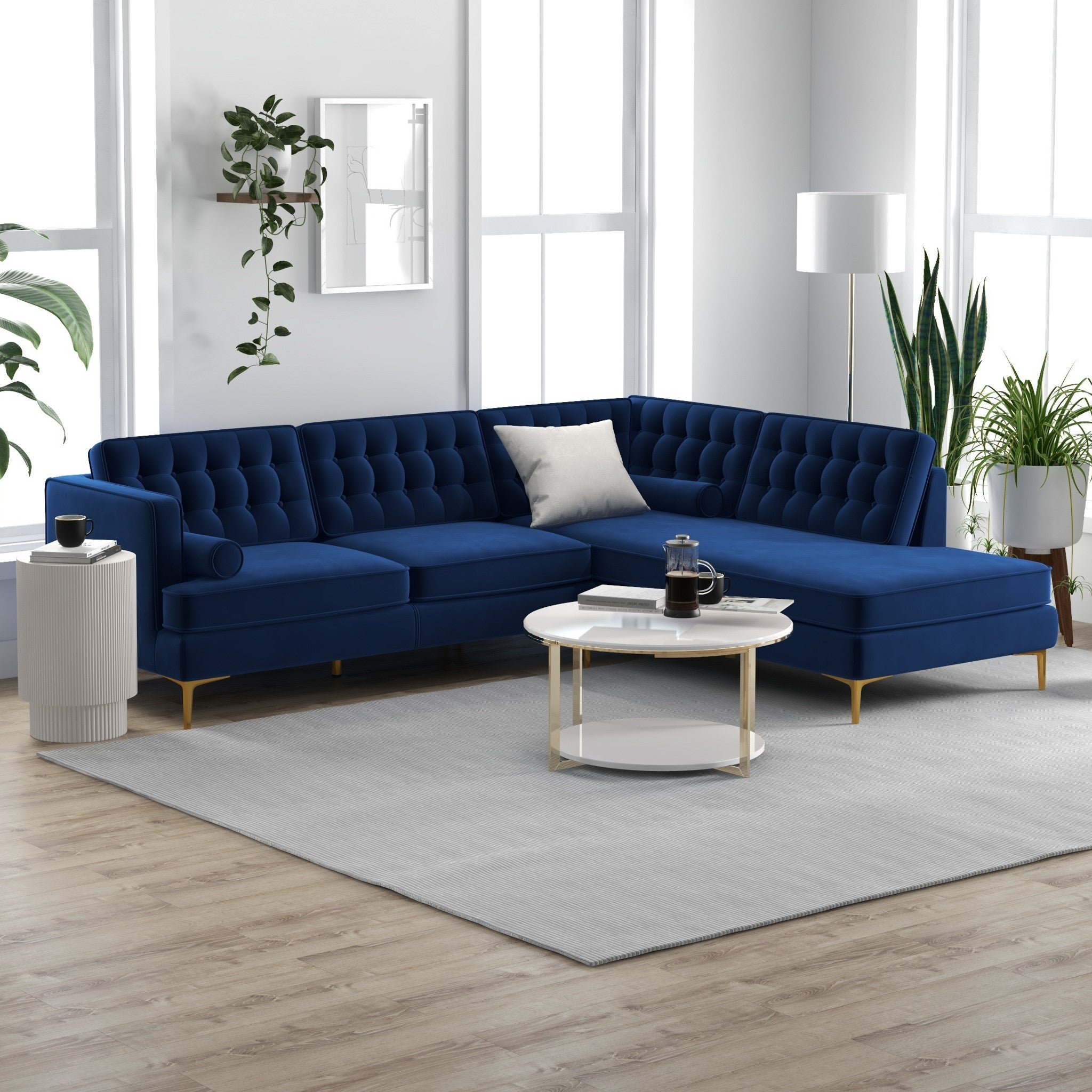 Caleb Blue Velvet Sectional Sofa Right Facing Chaise - MidinMod