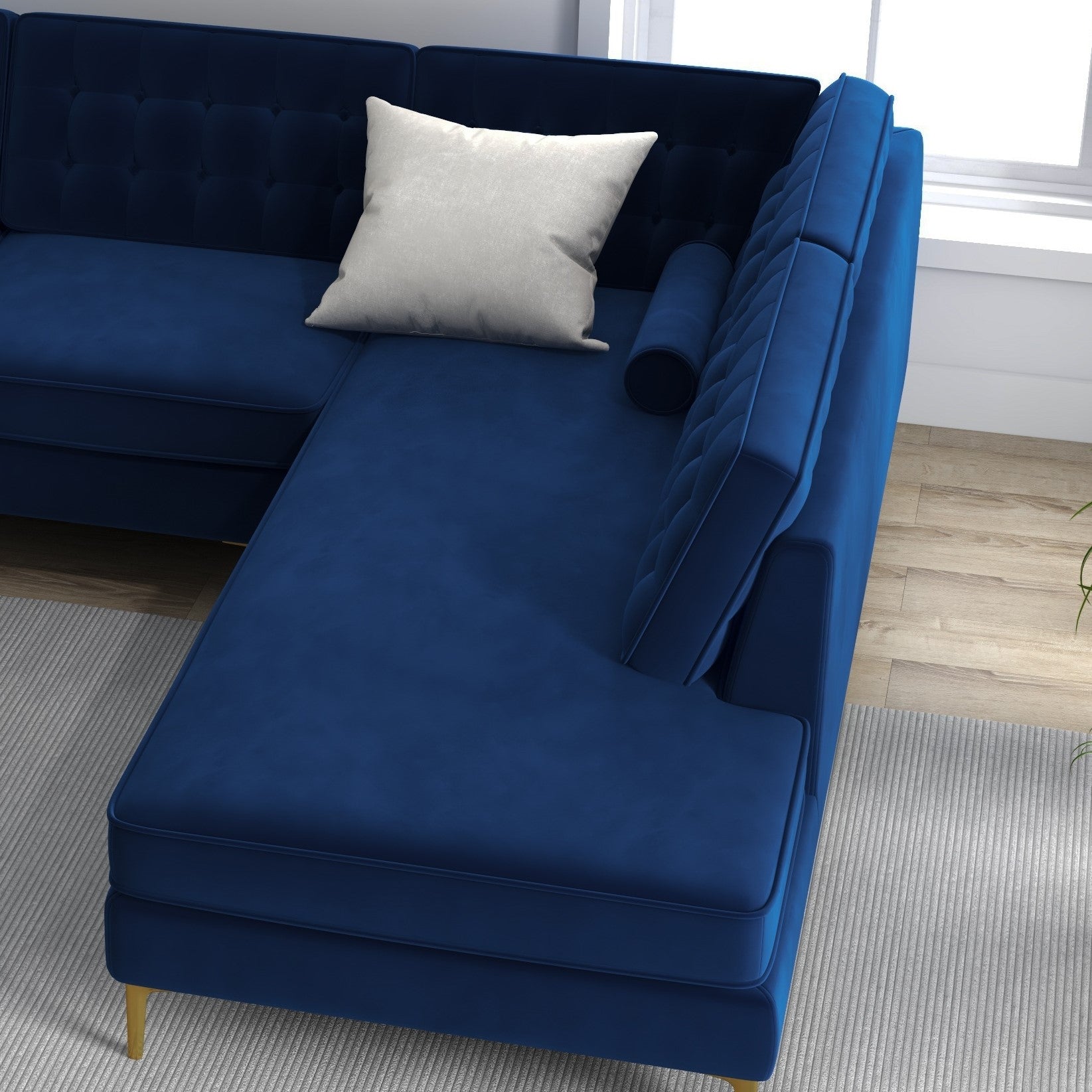 Caleb Blue Velvet Sectional Sofa Right Facing Chaise - MidinMod