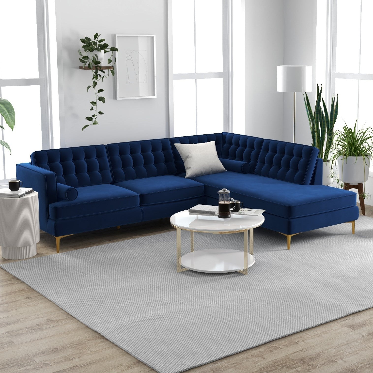 Caleb Blue Velvet Sectional Sofa Right Facing Chaise - MidinMod