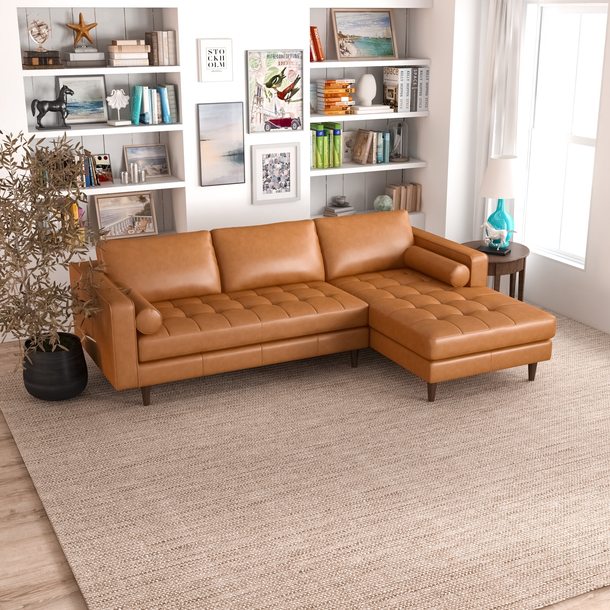 Daphne Tan Leather L Shape Corner Sofa Right Facing Chaise - MidinMod