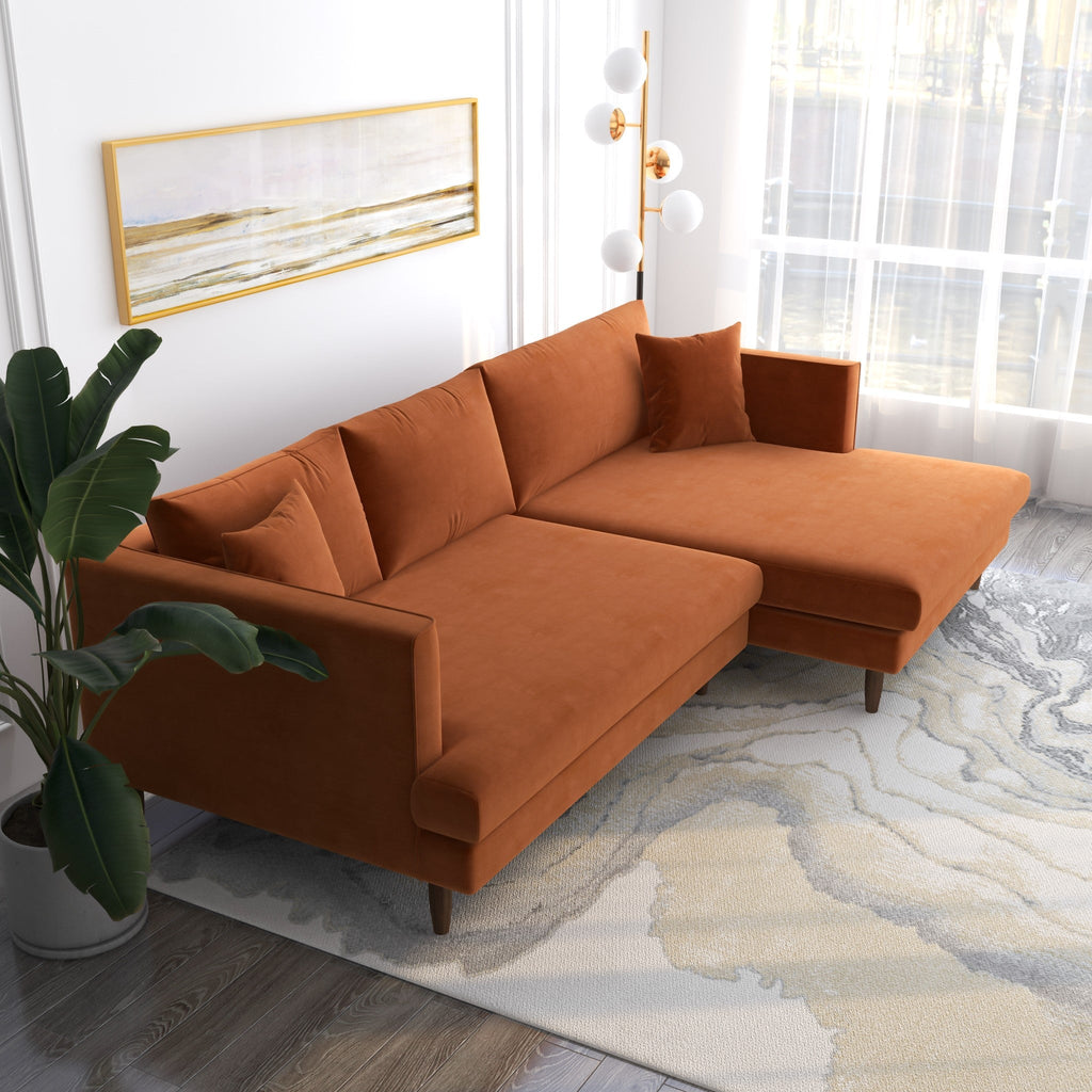 Delano Sectional Sofa (Burnt Orange Velvet - Right Facing Chaise) | Mid in Mod | Houston TX | Best Furniture stores in Houston