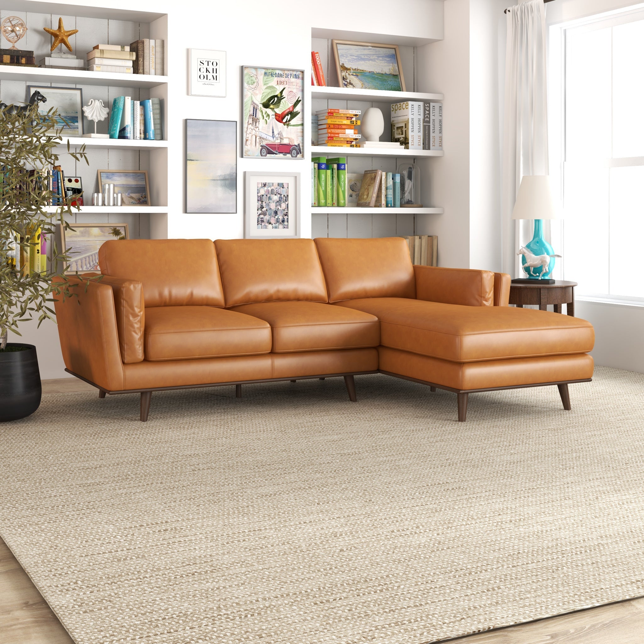 Tan leather deals sectional with chaise