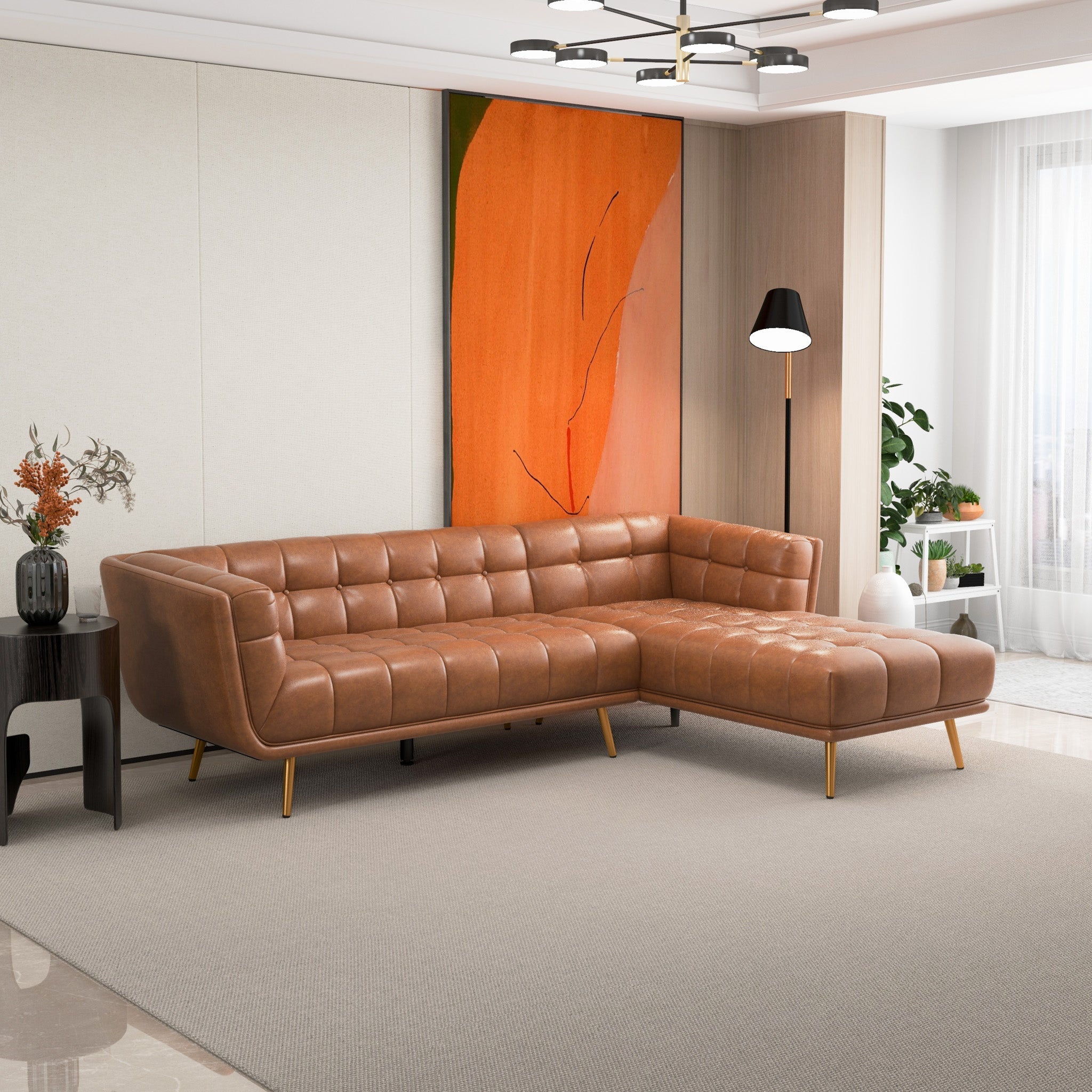 Kano Cognac Leather Sectional Sofa Right Facing Chaise - MidinMod